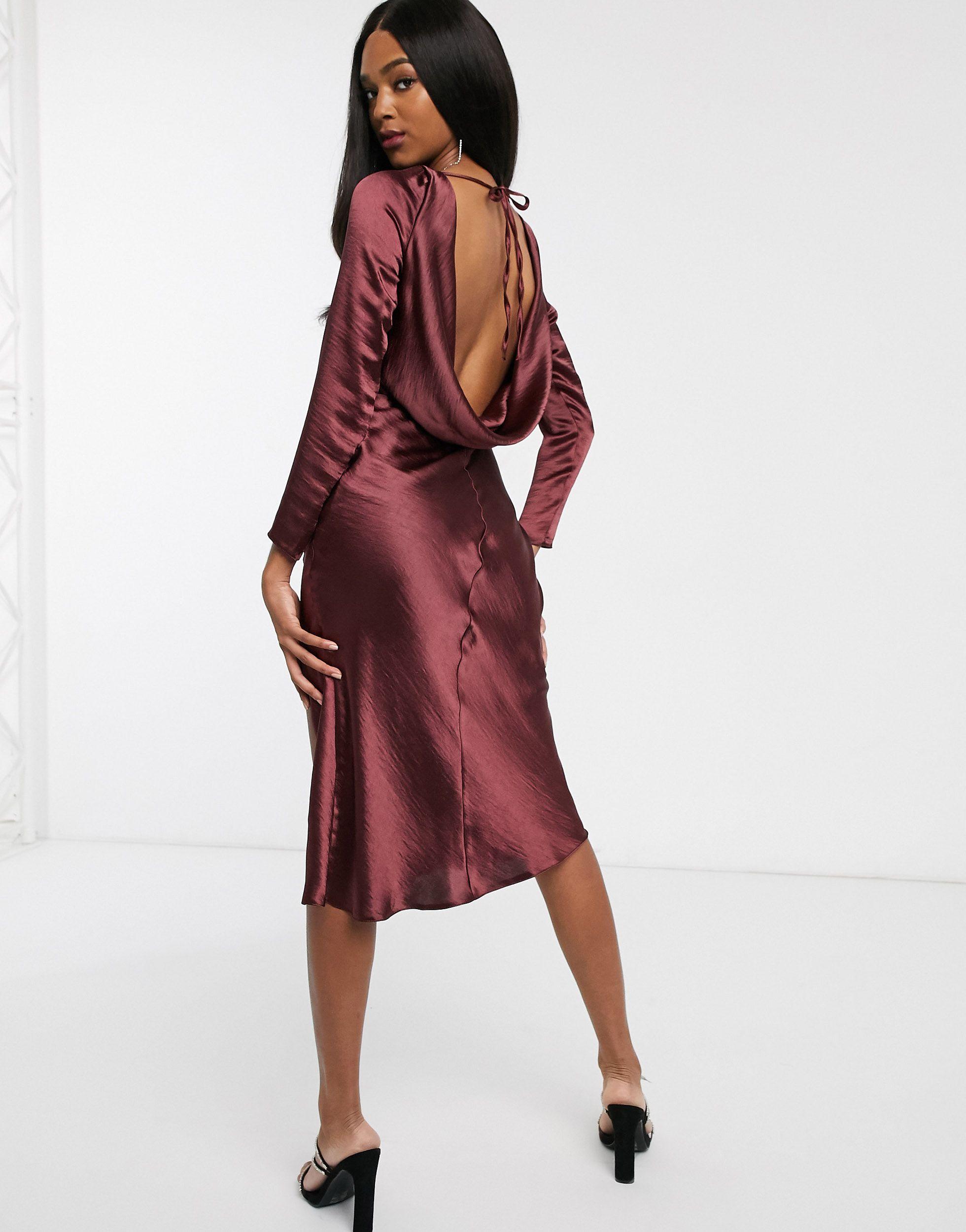 ASOS Synthetic Long Sleeve Cowl Back Midi Dress-red | Lyst