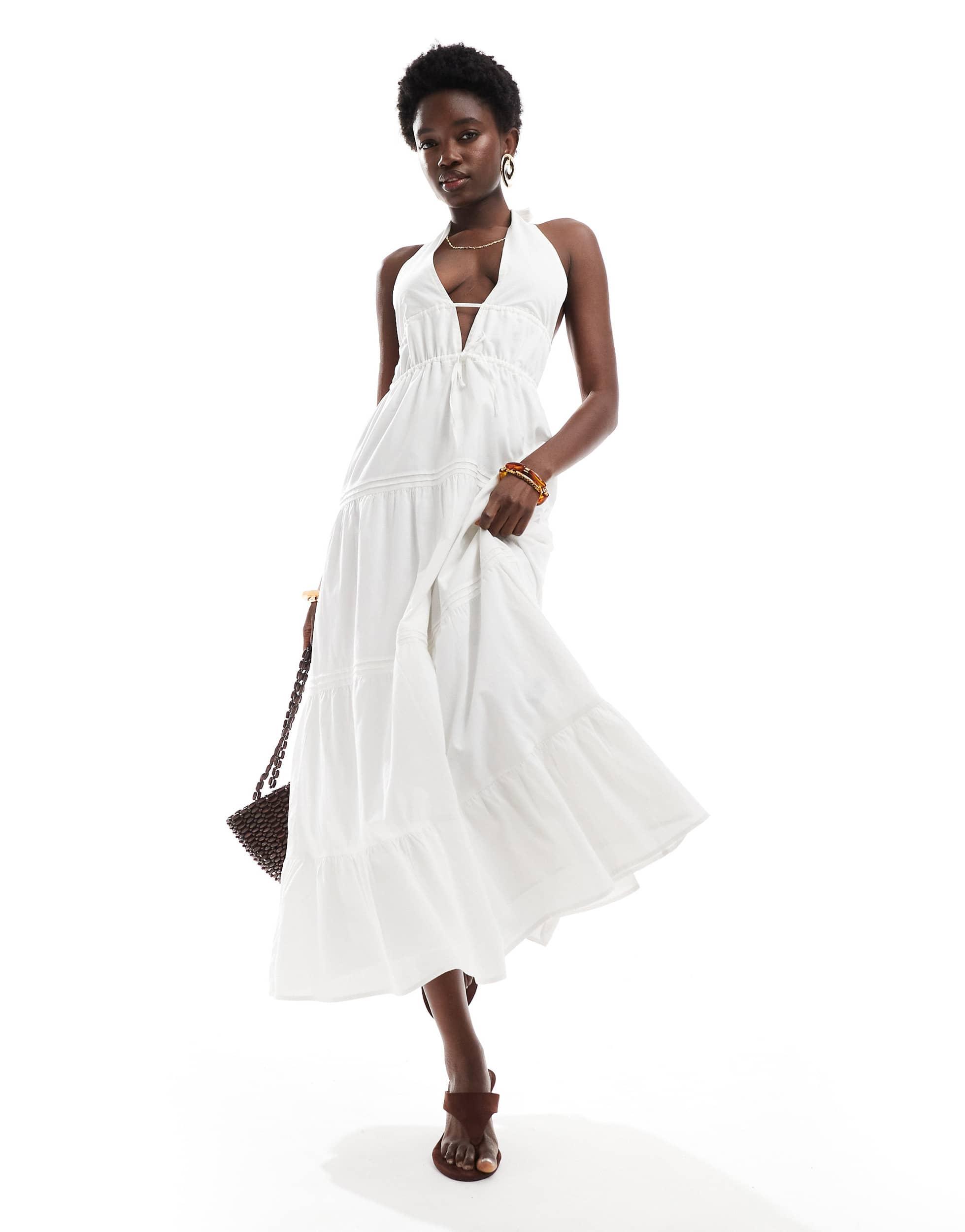 Bershka｜半袖ミディドレス Bershka racer neck bodycon maxi dress in mink | ASOS