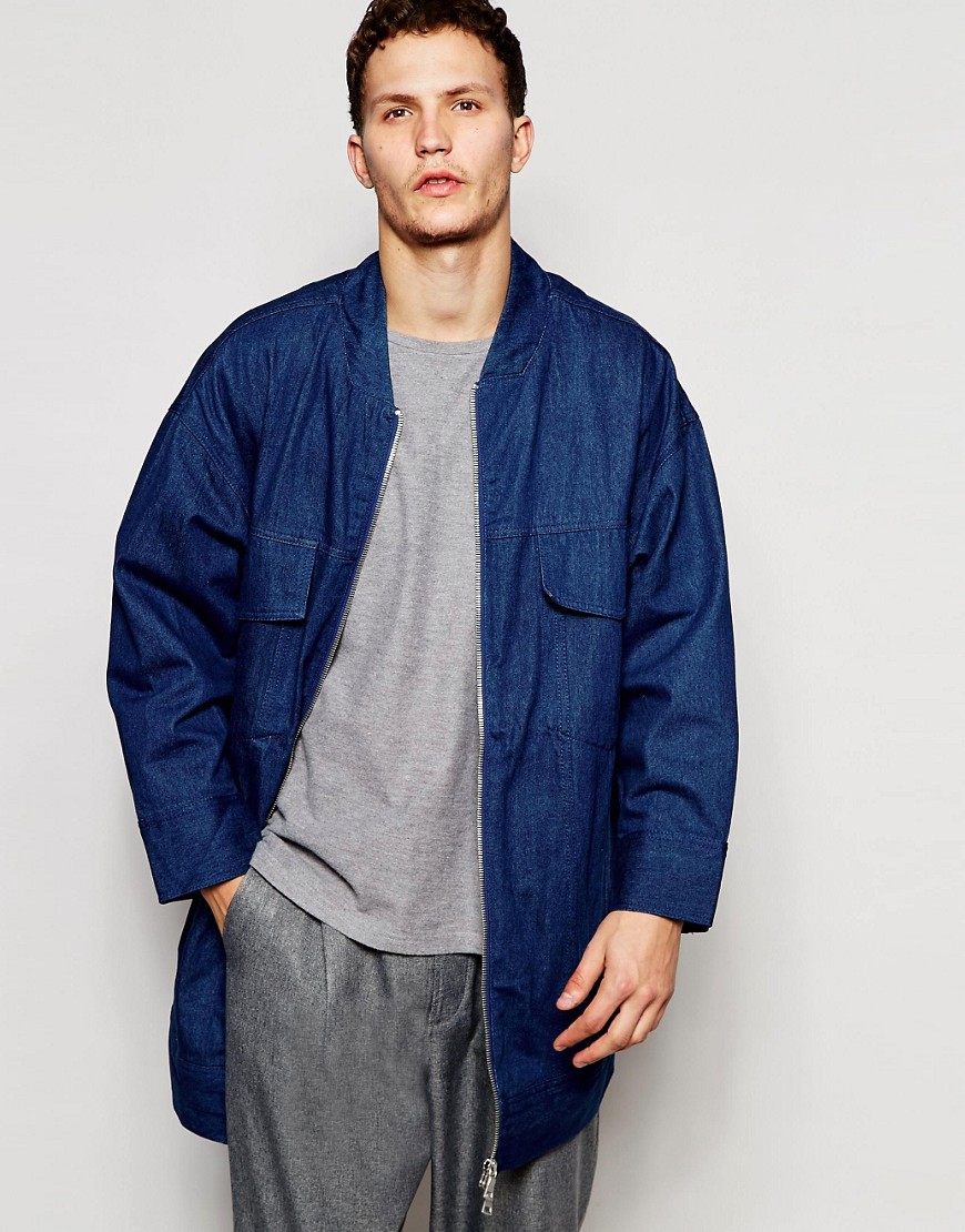 Lyst - Asos Super Longline Denim Jacket With Chunky Zip in Blue for Men