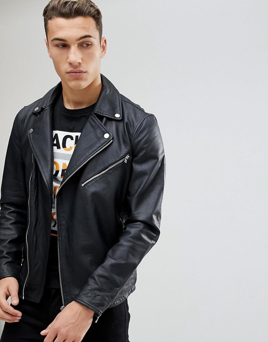 Jack & Jones Premium Leather Biker Jacket in Black for Men | Lyst