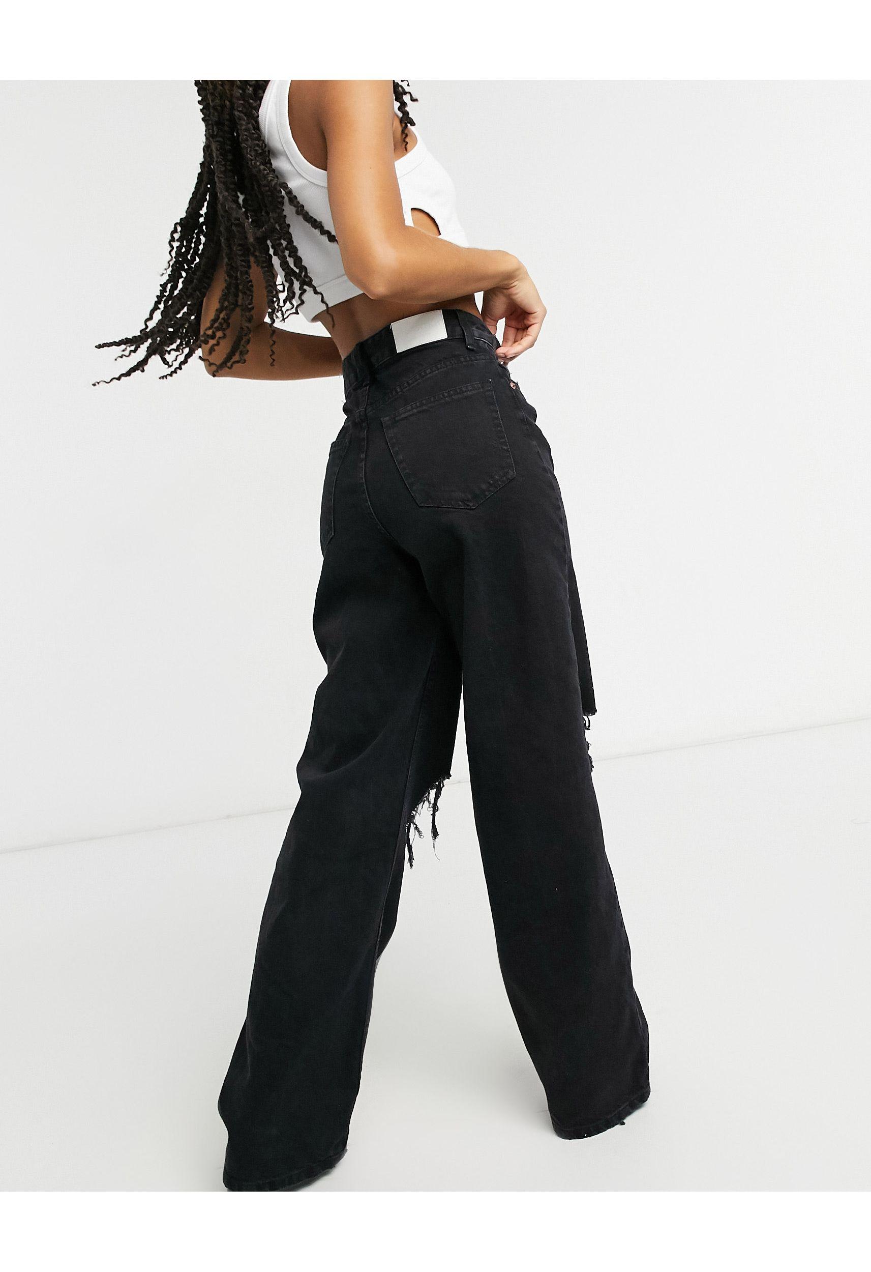 Bershka Wide Leg 90's Jean With Knee Rip in Black | Lyst