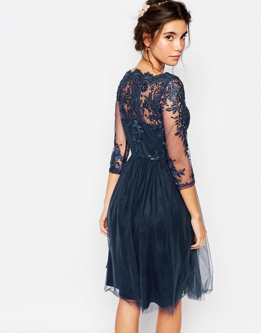 Chi Chi London Bardot Neck Midi Dress With Premium Lace And Tulle Skirt in  Black | Lyst