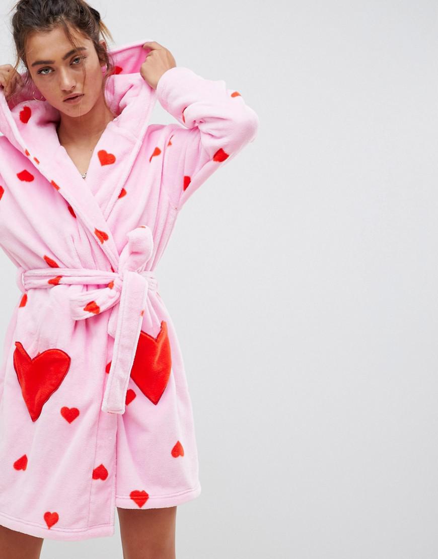 ASOS Heart Print Supersoft Robe in Pink | Lyst