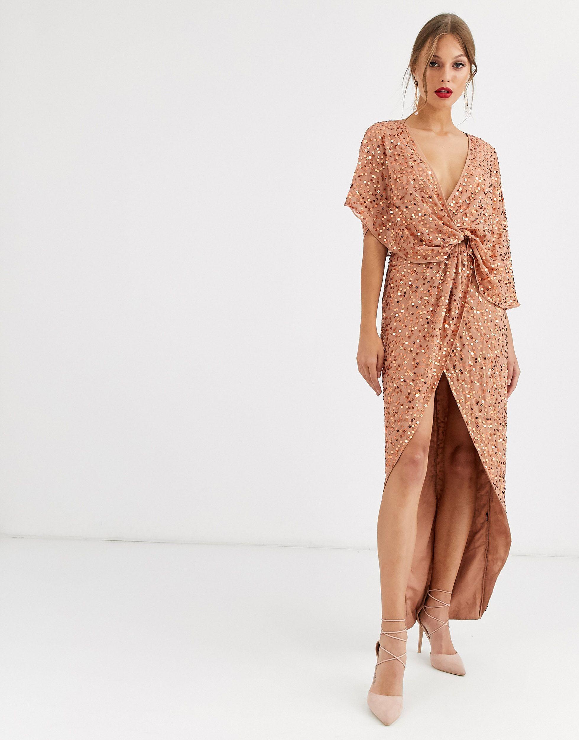 ASOS Scatter Sequin Knot Front Kimono Maxi Dress in Brown Lyst