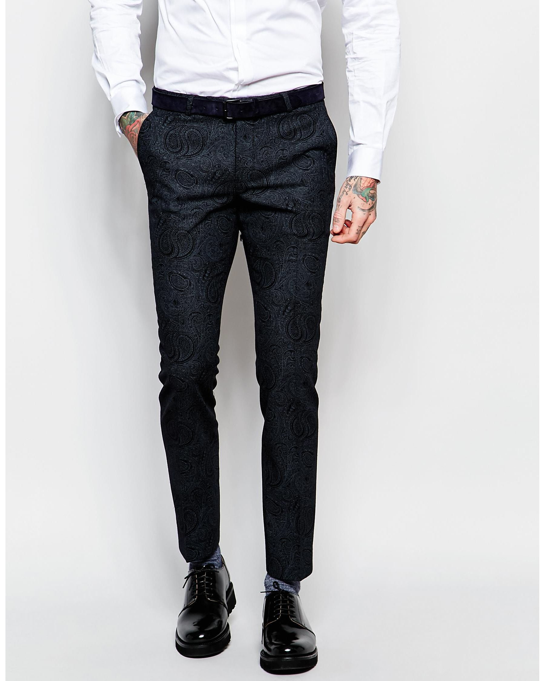 Noose And Monkey Tuxedo Suit Trousers With Tonal Paisley Print In Super Skinny  Fit in Blue for Men