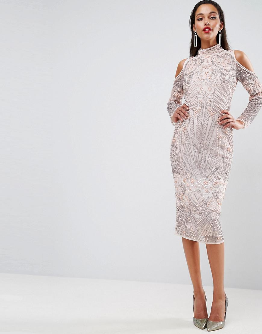 Cold Shoulder Pearl Midi Dress 