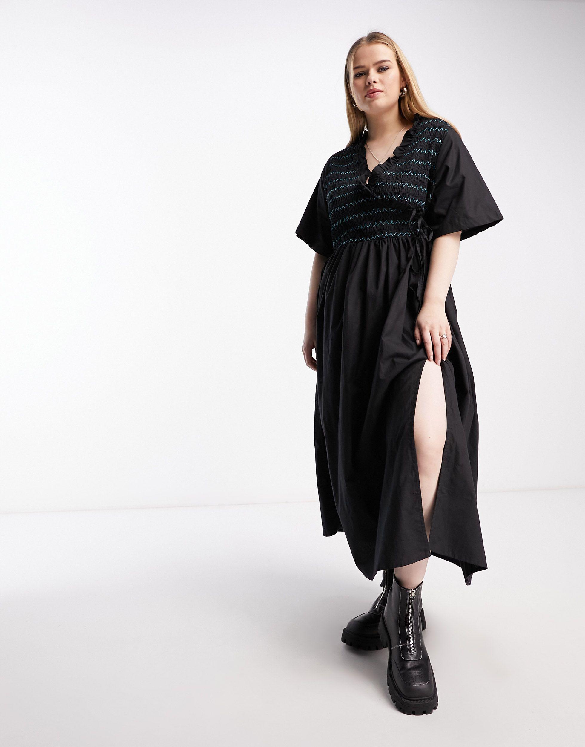 ASOS Asos Design Curve Cotton Shirred Wrap Midi Smock Dress in Black | Lyst