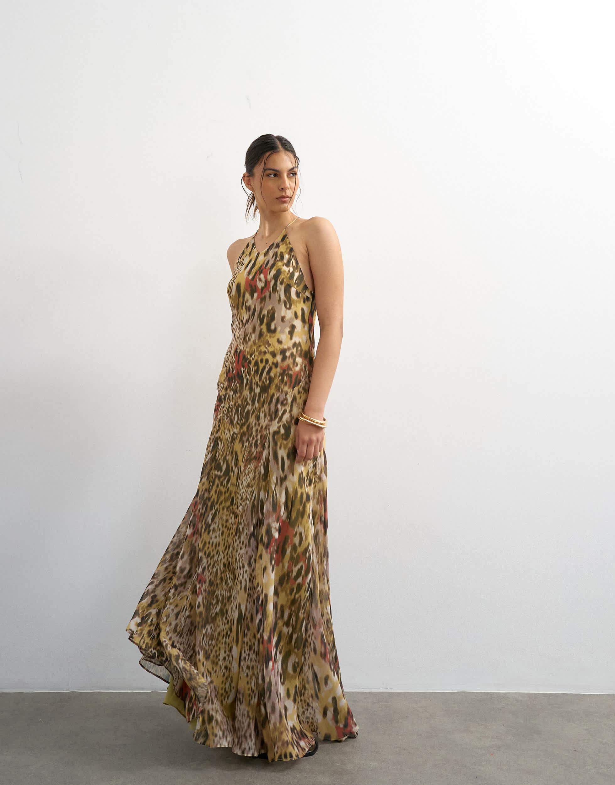 slim fit dress slacks The Glint Gold Ruched Chiffon Long Maxi Dress main image 0