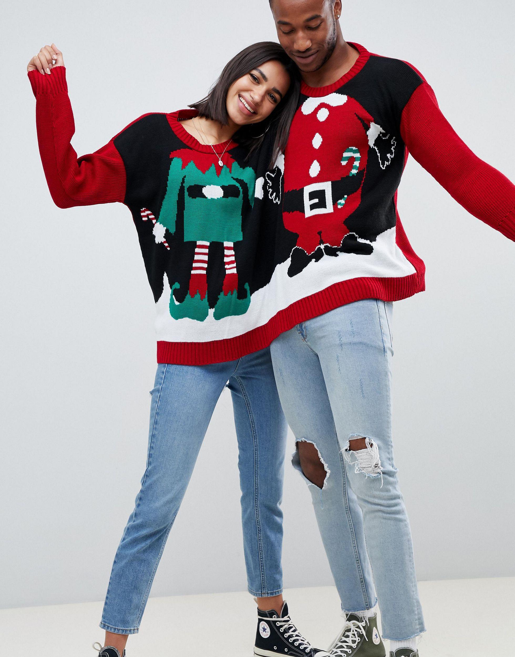 Eslcusiva exclusive - Maglione natalizio multicolore per due persone con  Babbo Natale ed elfo di Boohoo in Rosso | Lyst