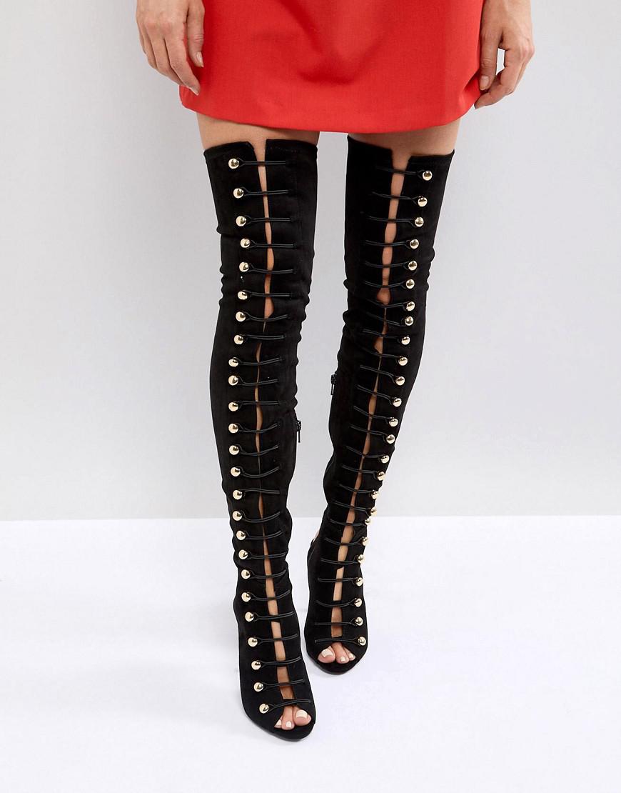 black knee high lace up heels
