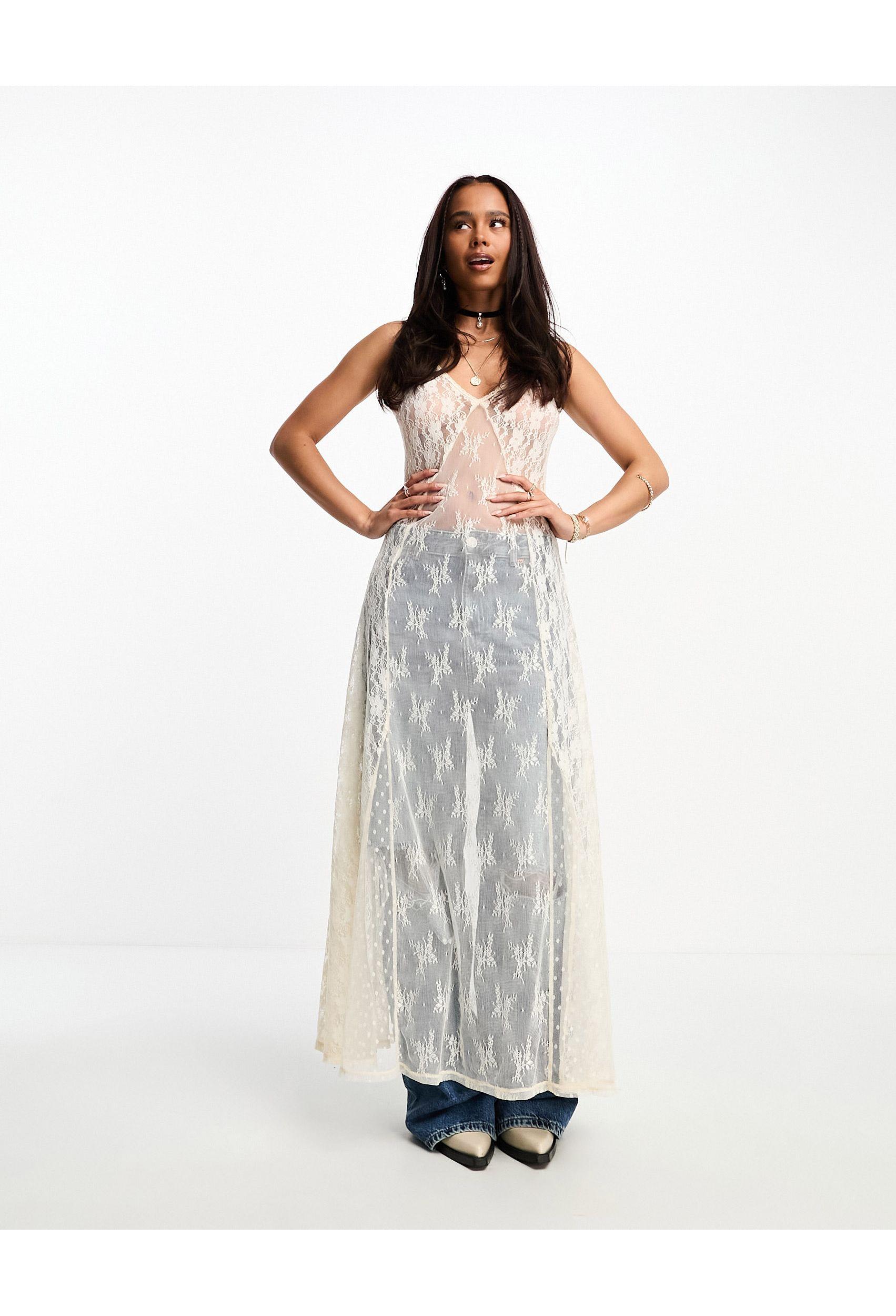 Miss Selfridge Festival Sheer Lace Slip Dress in White | Lyst