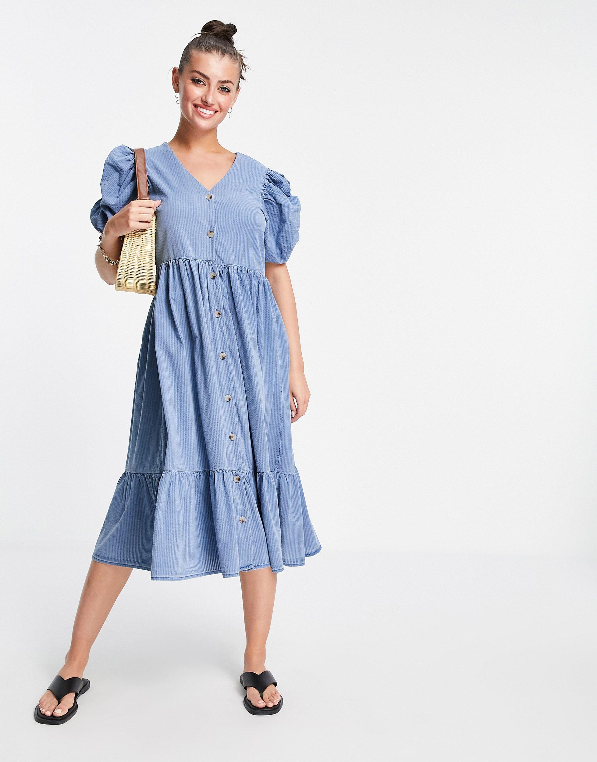 Vero Moda Puff Sleeve Denim Midi Dress in Blue | Lyst