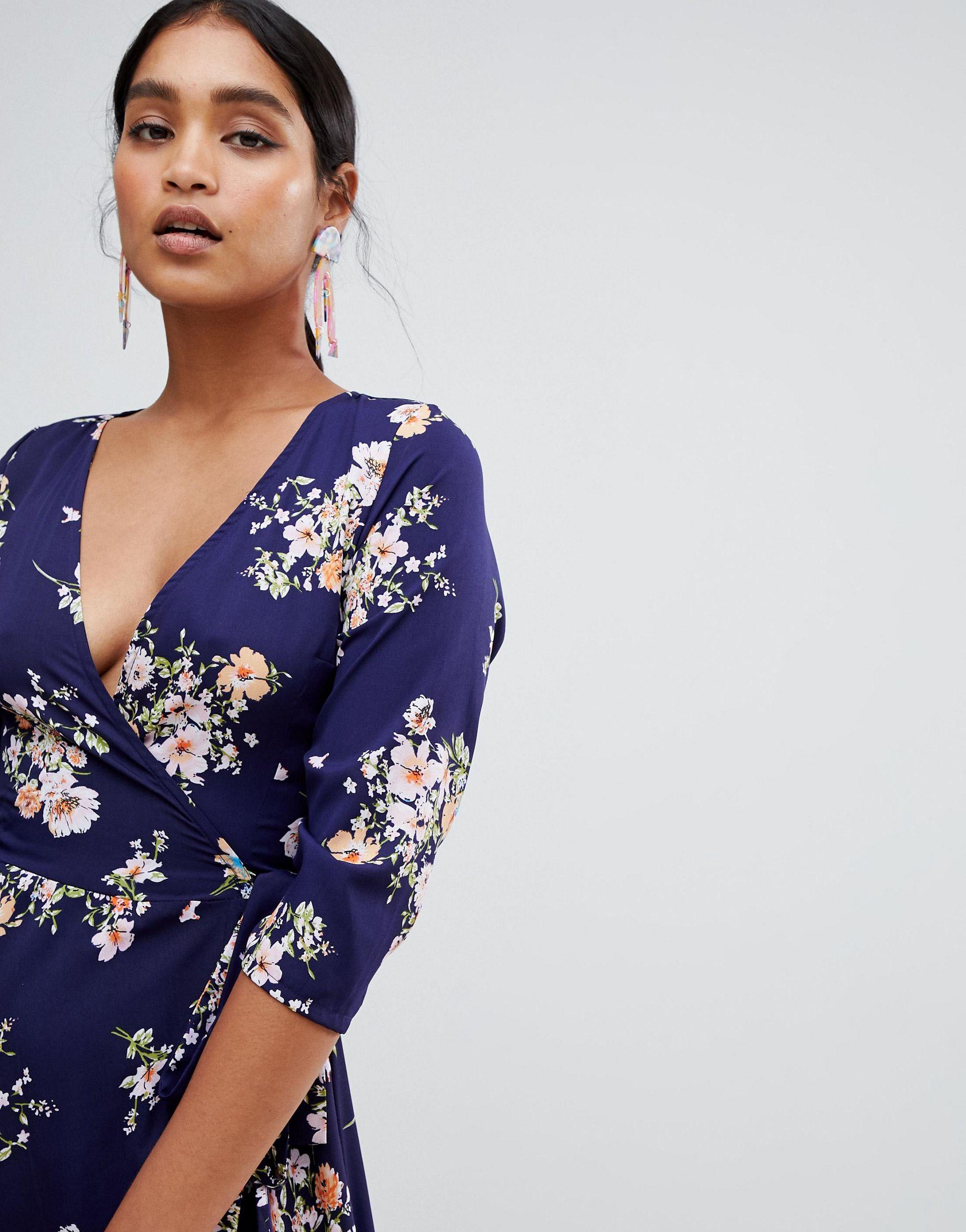 navy floral wrap midi dress