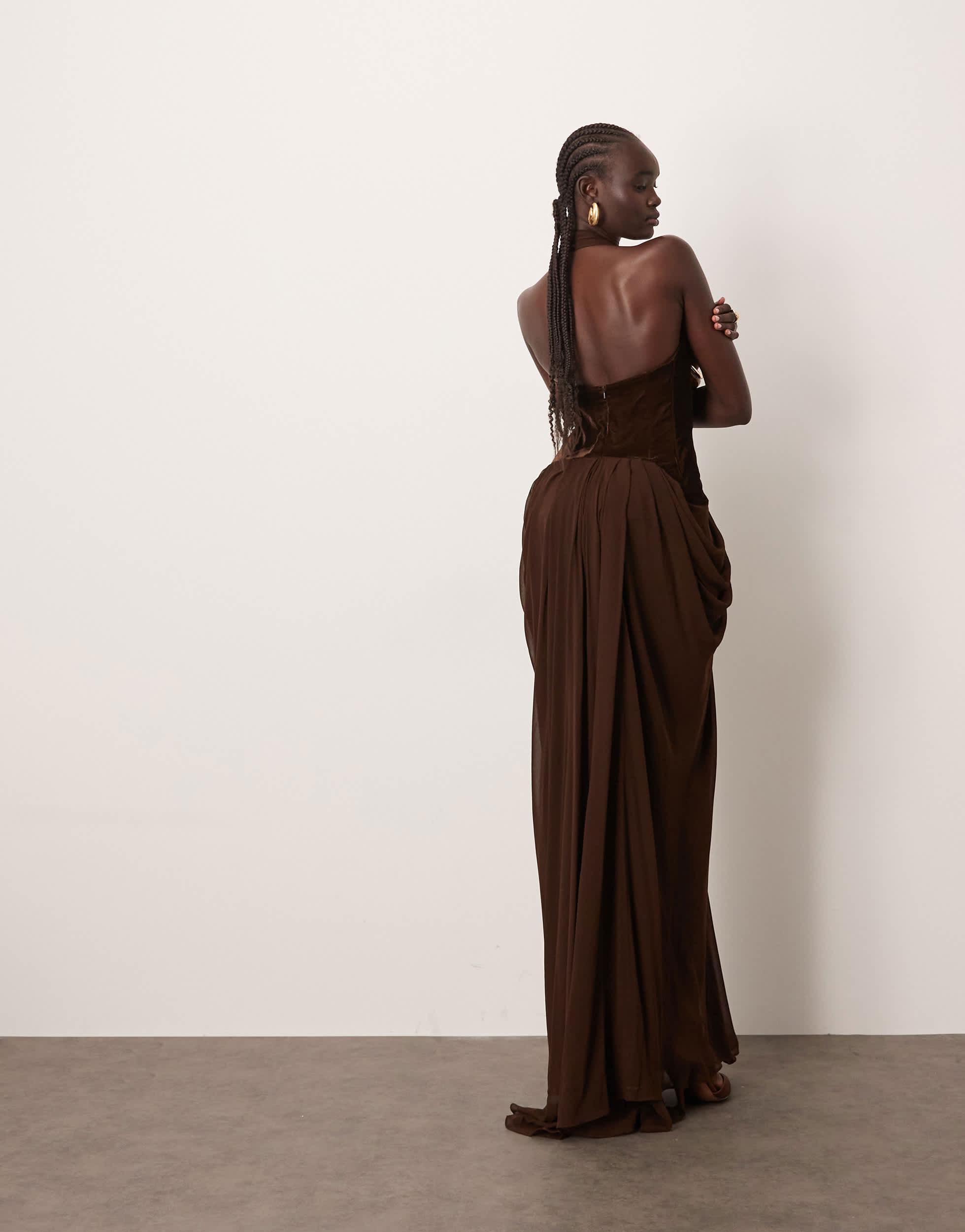 ARRANGE Velvet Plunge Halter Cinch Waist Maxi Dress With Train in Brown |  Lyst
