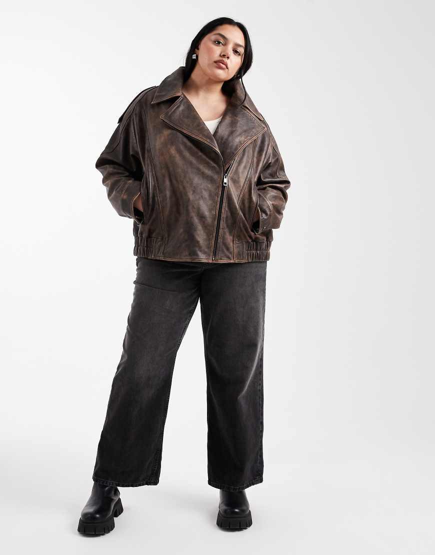 ASOS Asos Design Curve Oversized Leather Washed Biker Jacket With