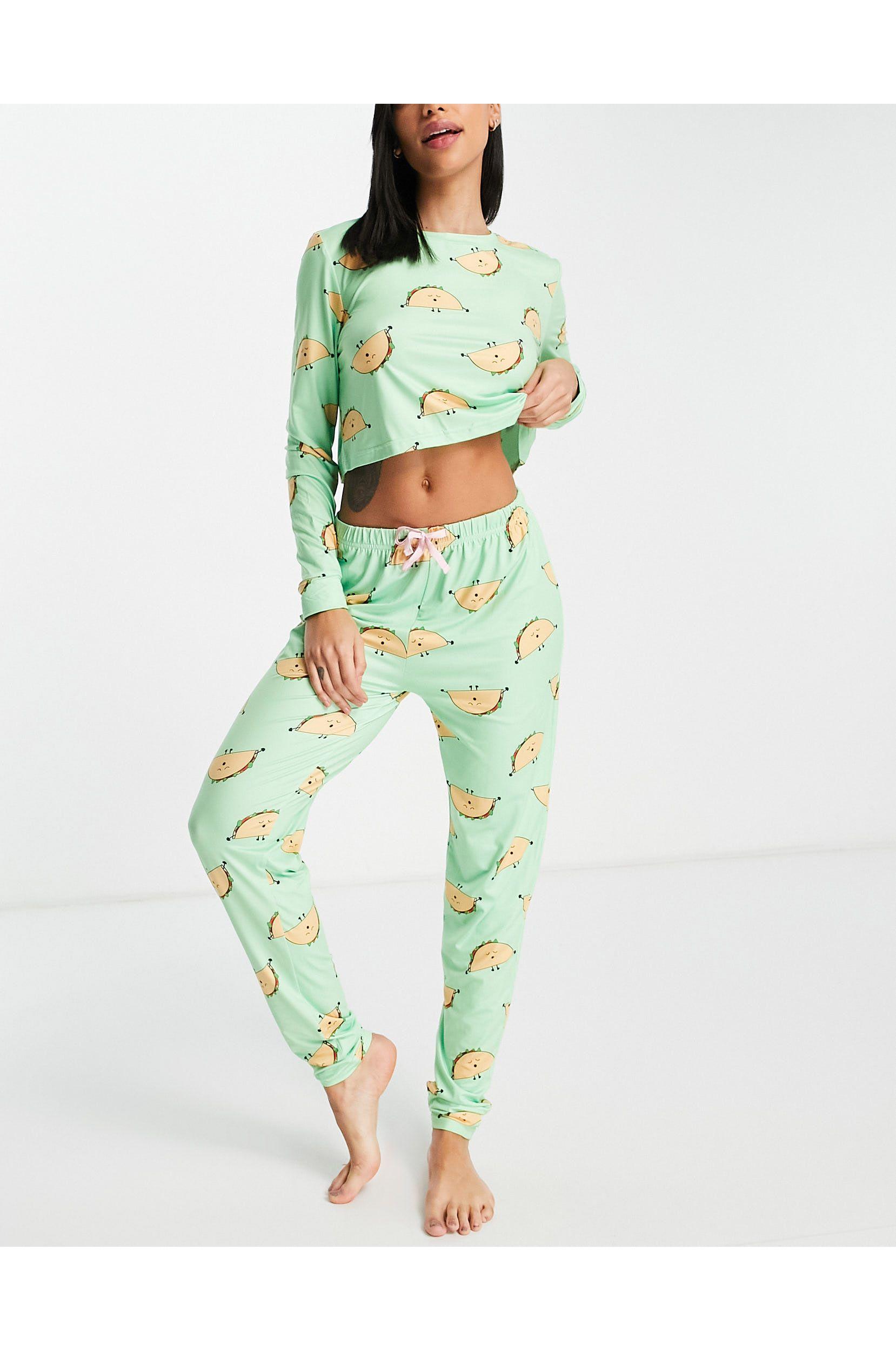 Loungeable Taco Crop Top And legging Pyjama Set in Green