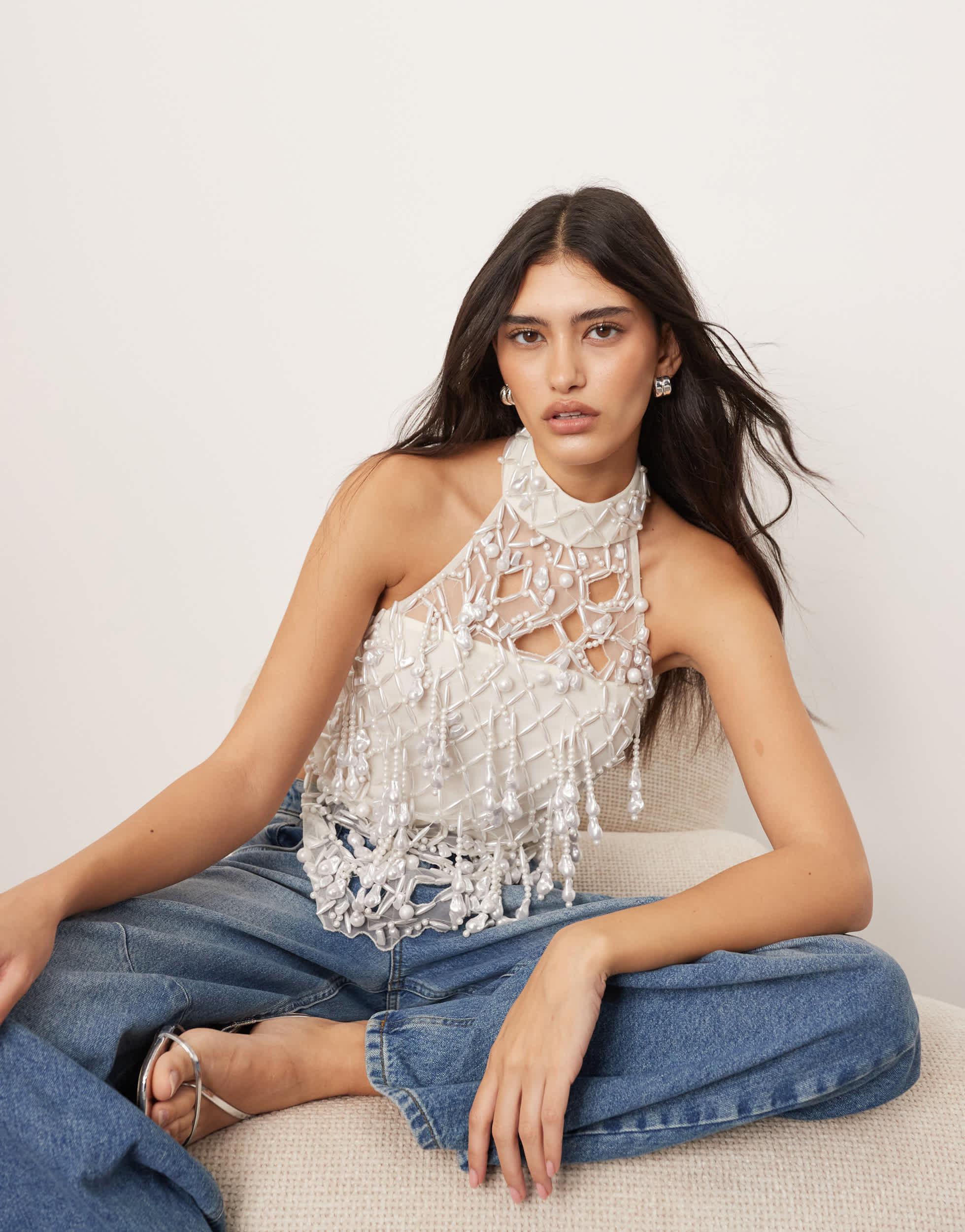 ARRANGE Embellished Encrusted Pearl Asymmetric Halter Top in Blue | Lyst