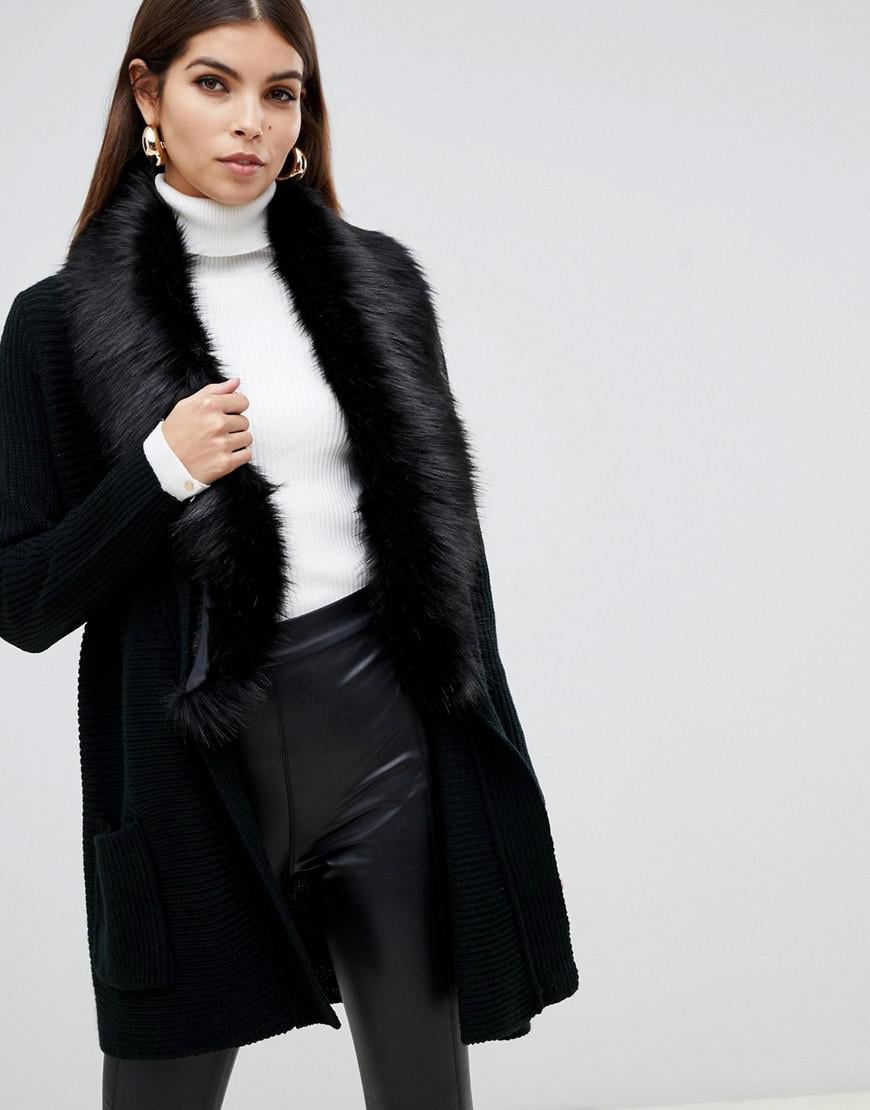 Lipsy Heavy Cardigan With Faux Fur Collar In Black - Lyst