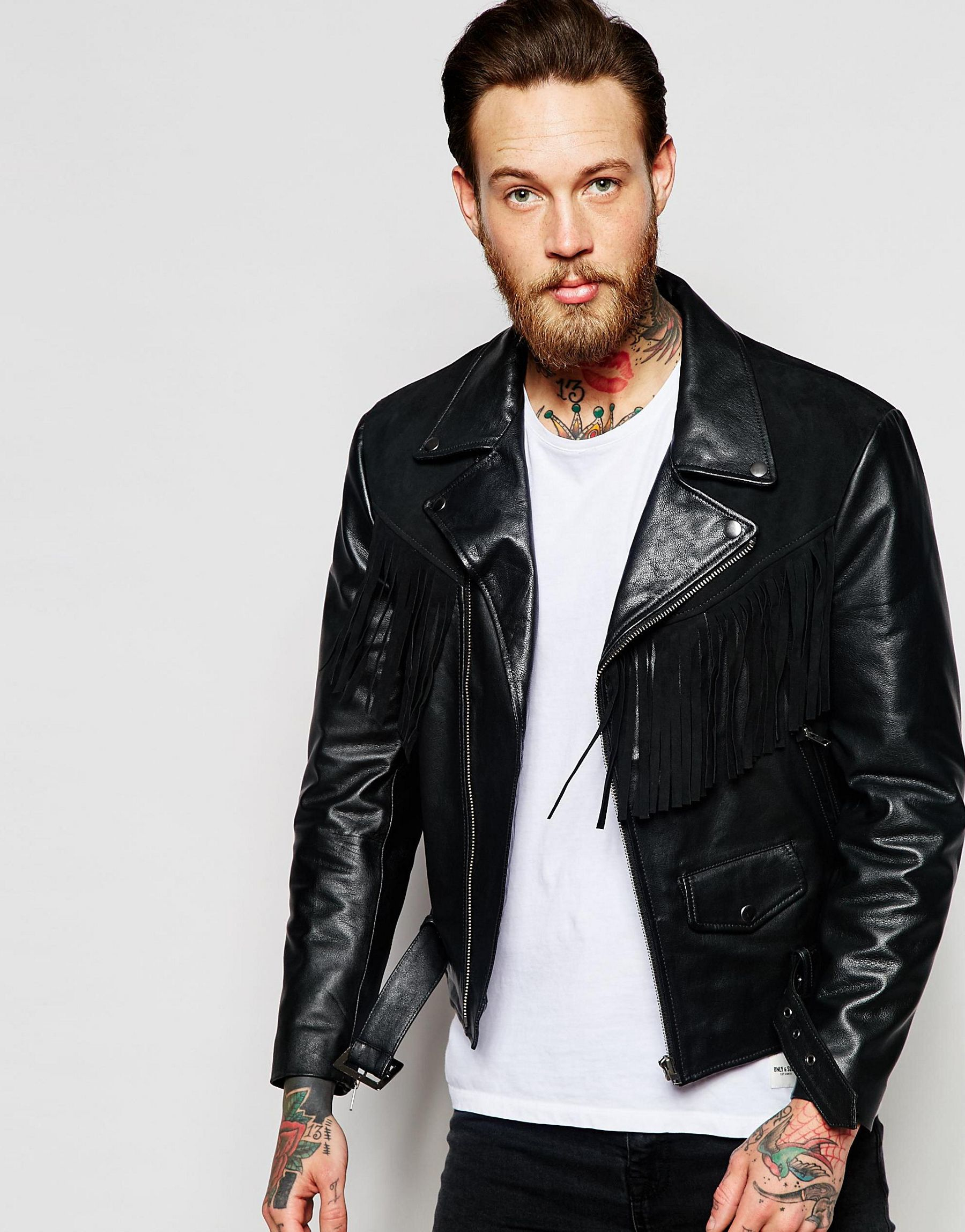 Lyst Asos Leather Jacket With Suede Fringe Detailing In Black Gallery