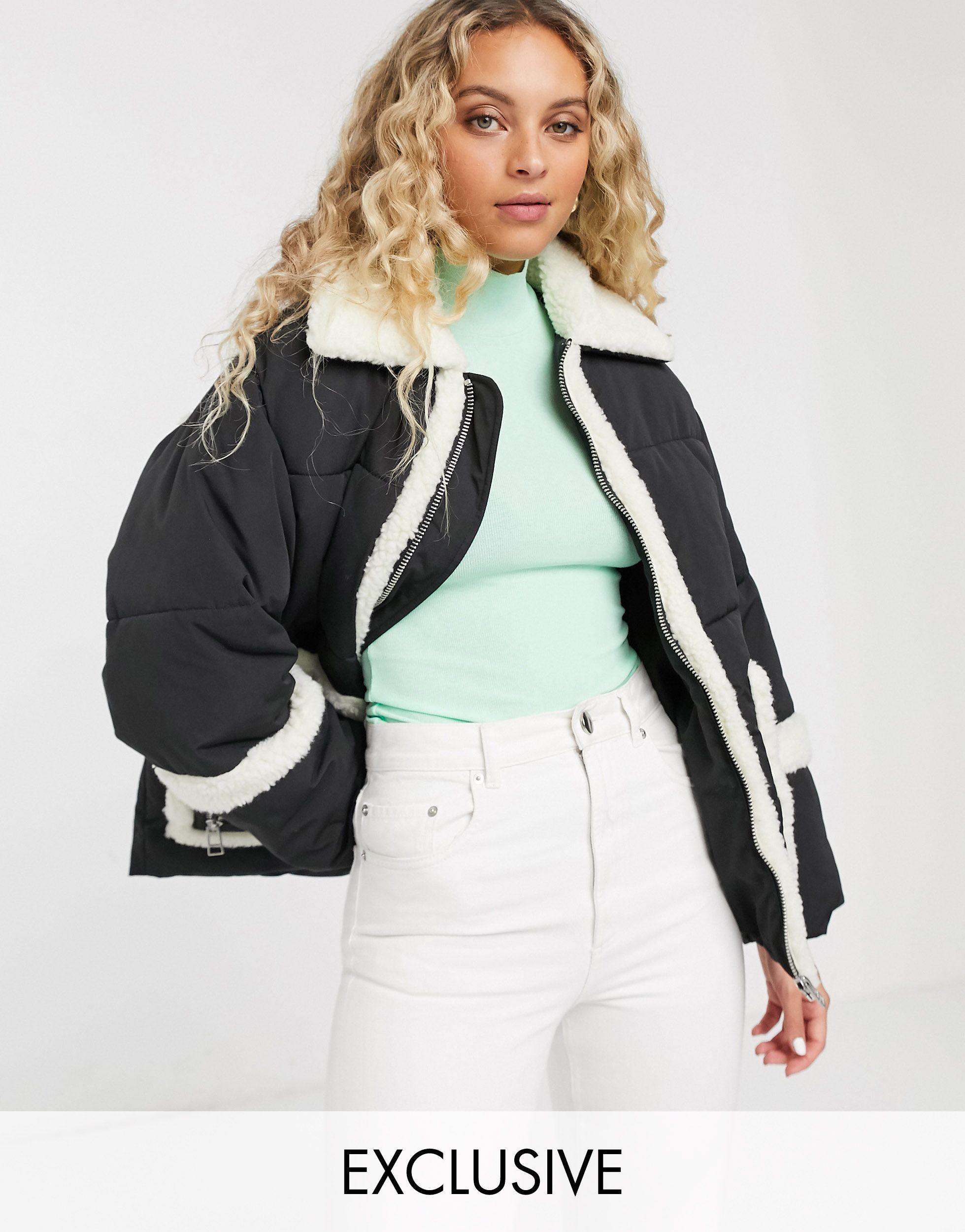 Monki Synthetic Oversized Puffer Jacket With Borg Detailing in Black - Lyst