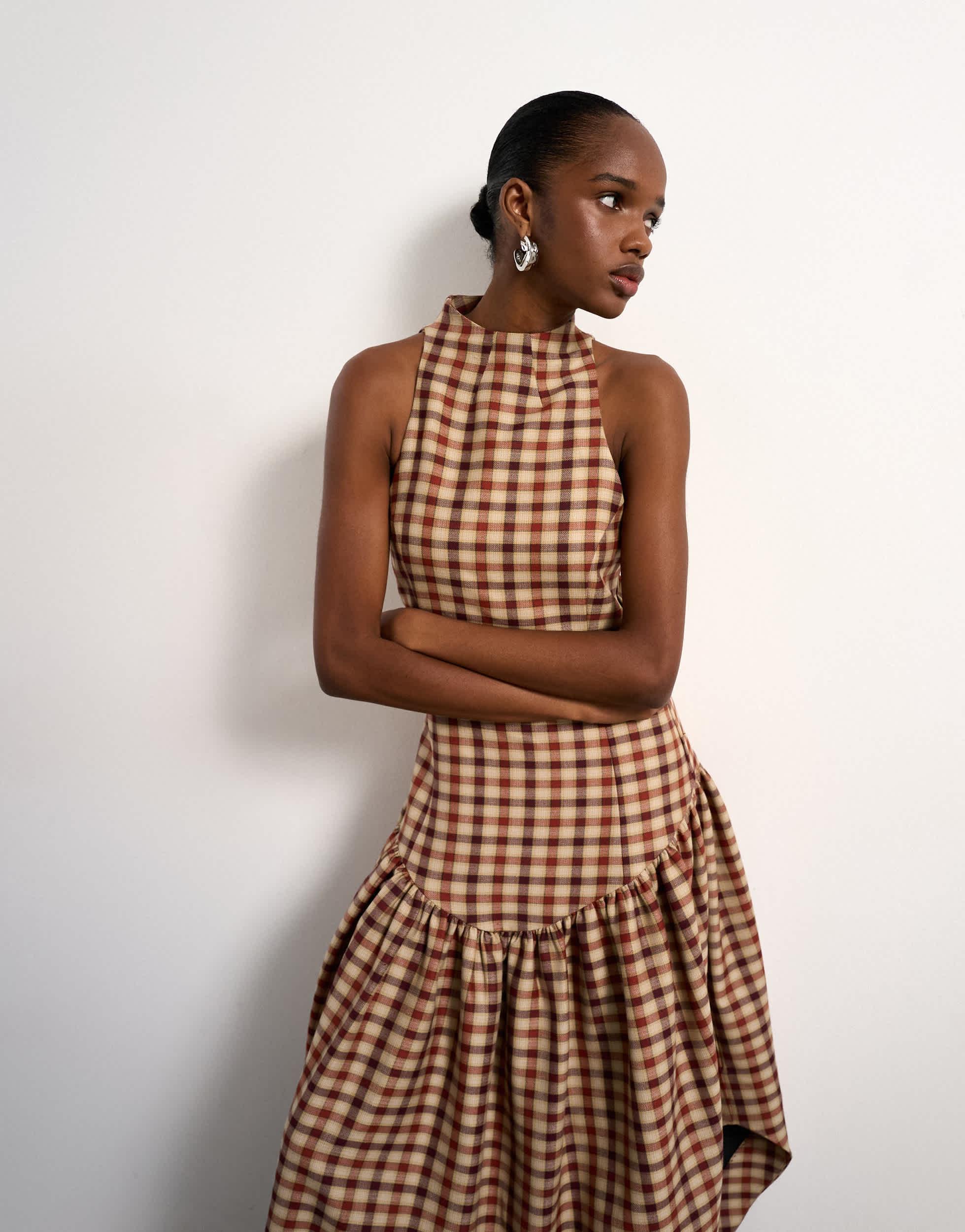 TOPSHOP Tolu Coker X Check Open Back Midi Dress in Brown | Lyst