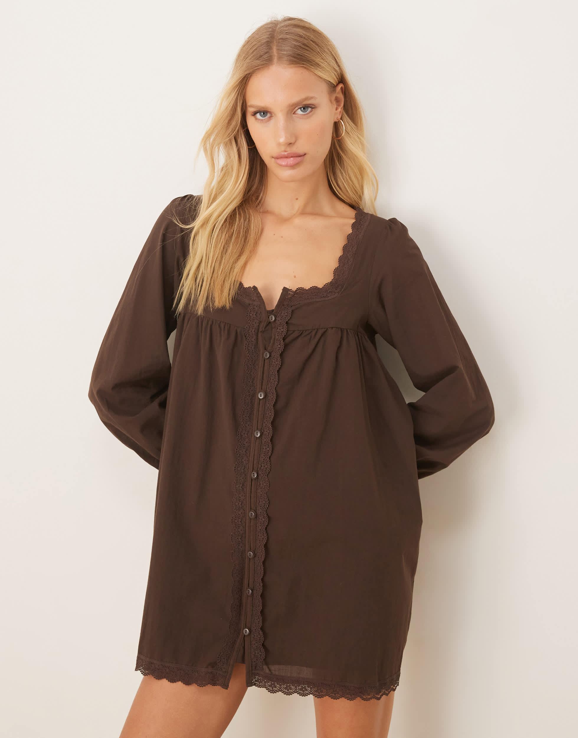 ASOS Cotton Lace Trim Long Sleeve Babydoll Mini Dress in Brown | Lyst