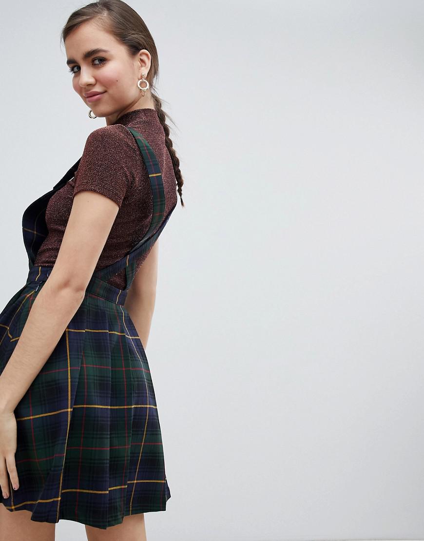 Monki Denim Pleated Mini Check Dungaree 
