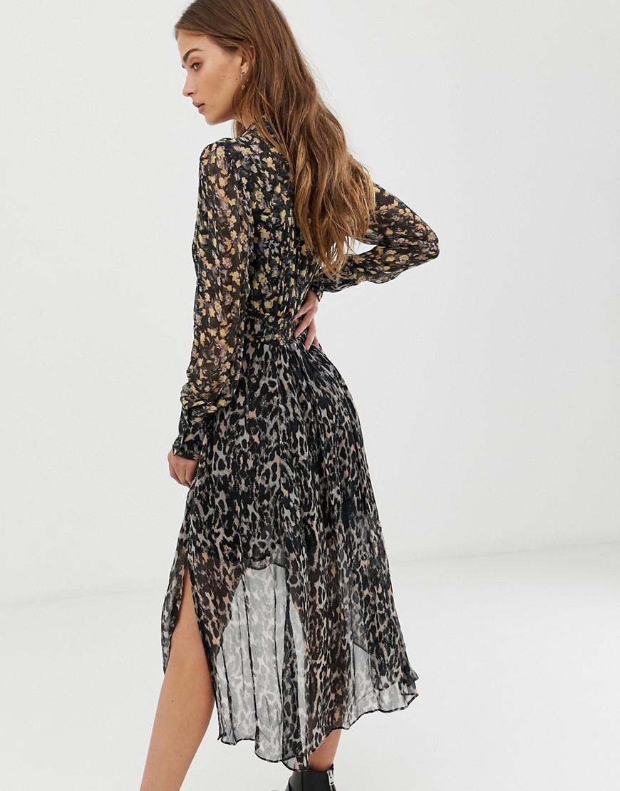 allsaints liza leopard midi dress