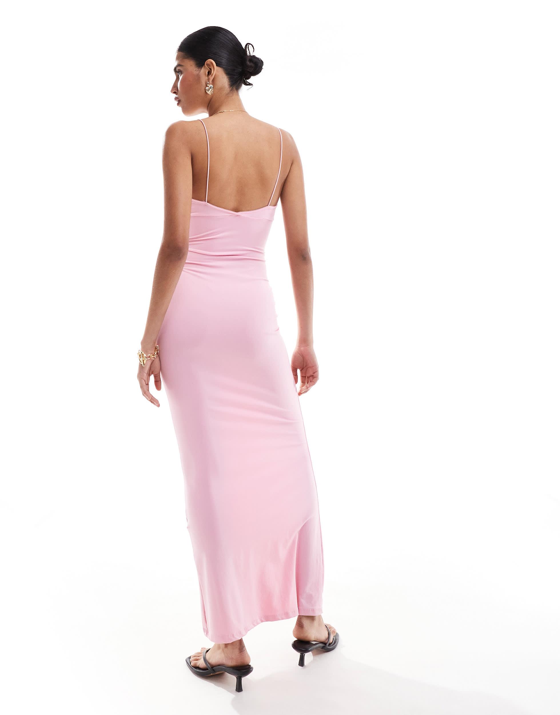 Bershka Thin Strap Bow Detail Bodycon Maxi Dress in Pink