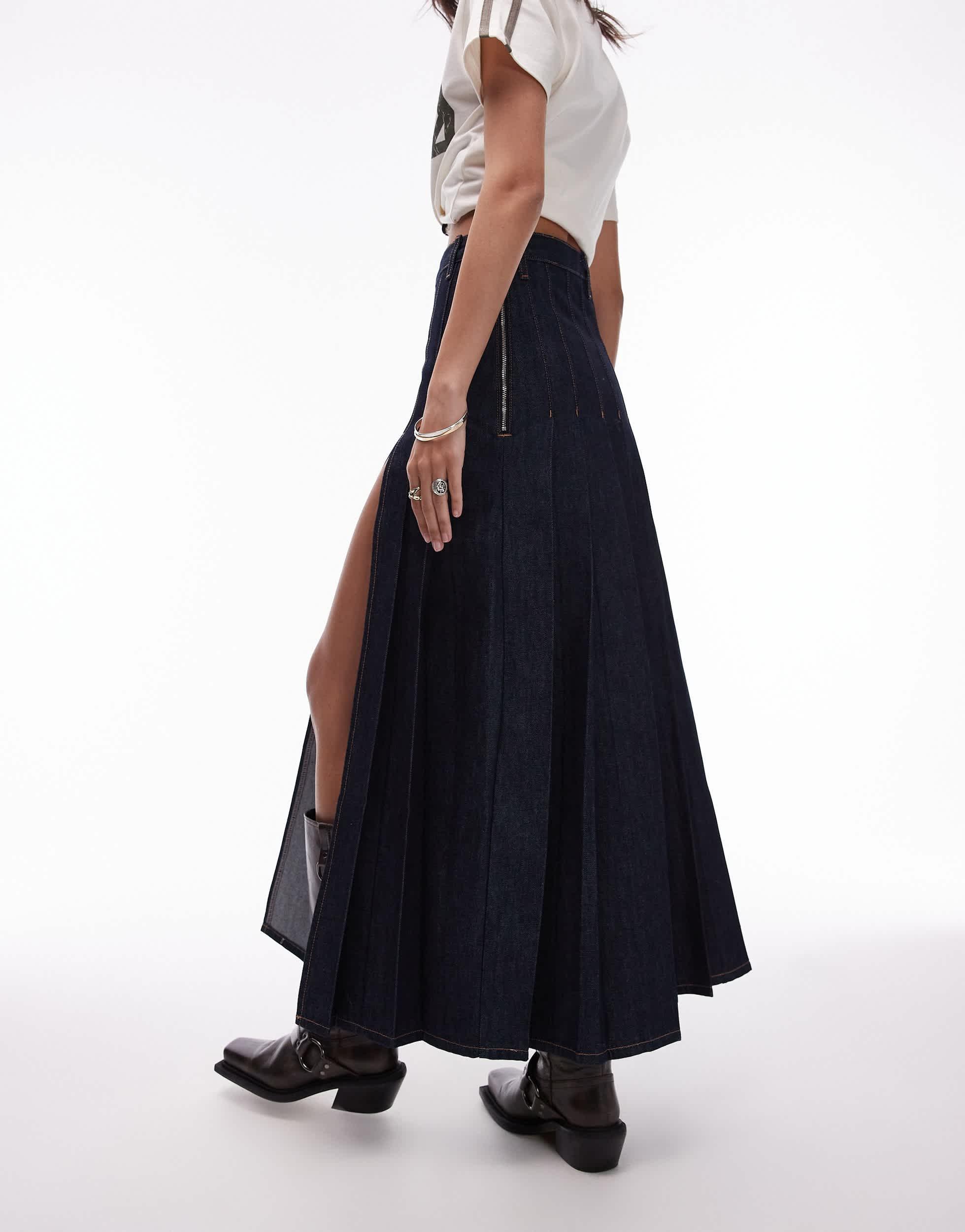 TOPSHOP Denim Pleated Midi Skirt in Blue Lyst