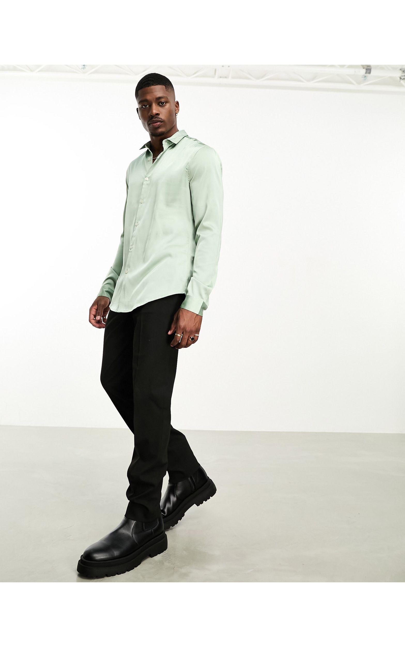 ASOS DESIGN Premium fit slim sateen shirt with mandarin collar in white