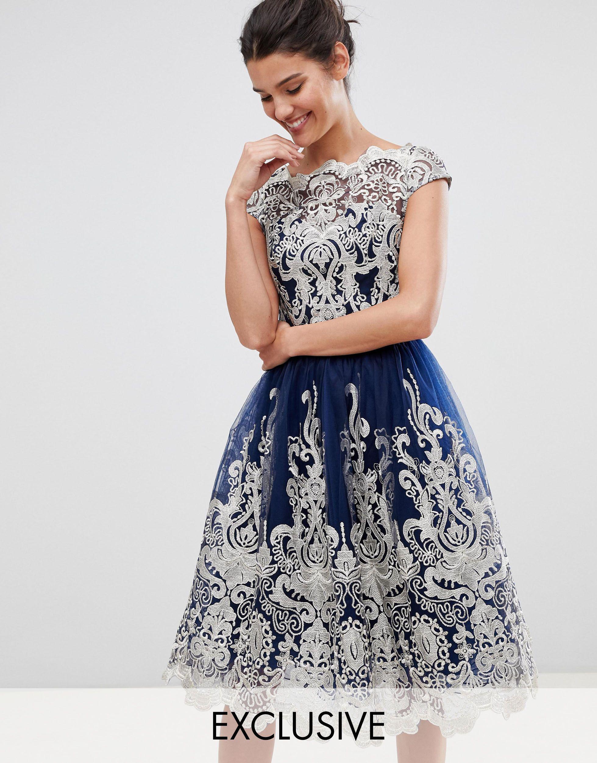 Chi Chi London Premium Metallic Lace Midi Prom Dress With Bardot Neck in  Blue | Lyst Australia