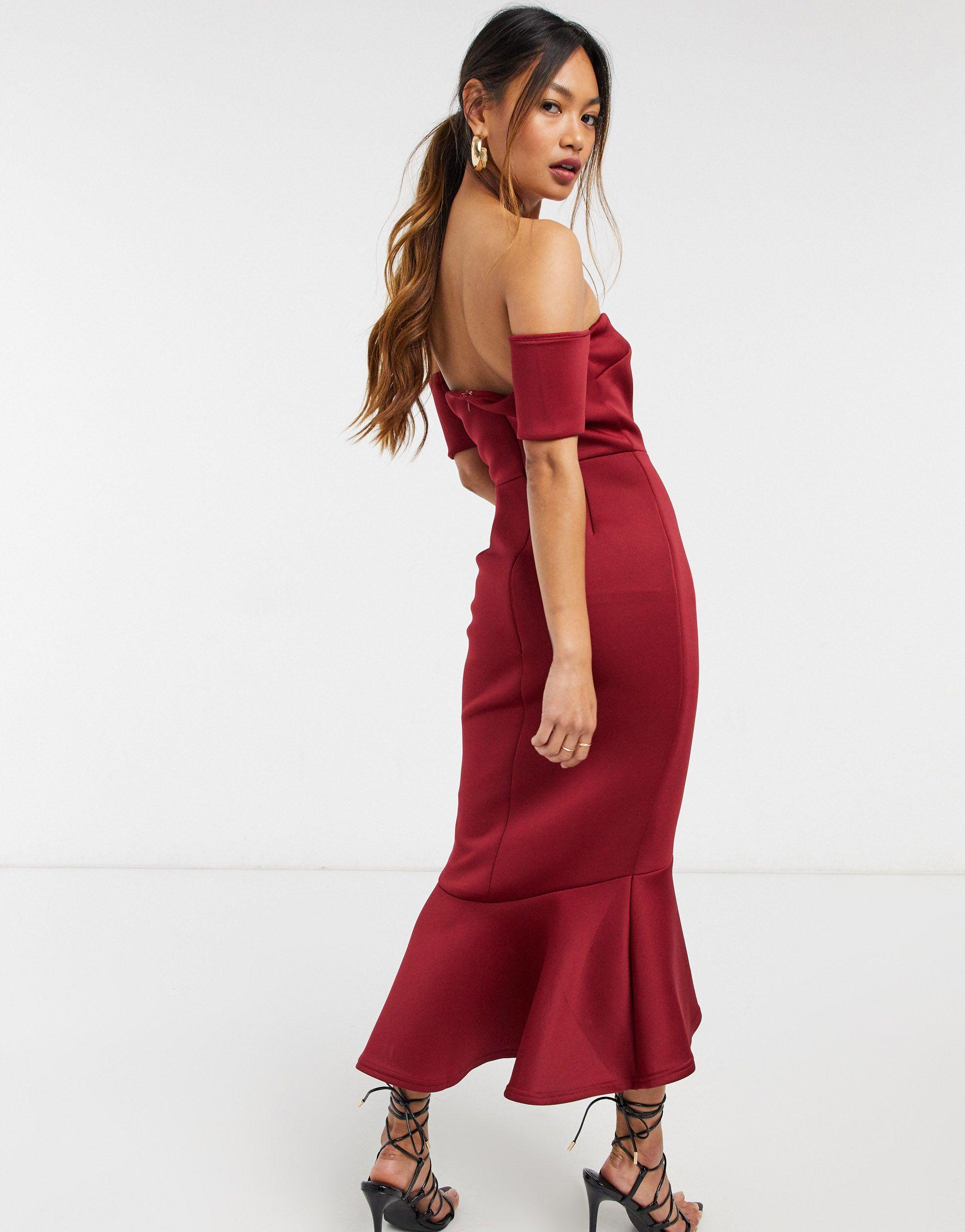 plum backless fishtail midi dress