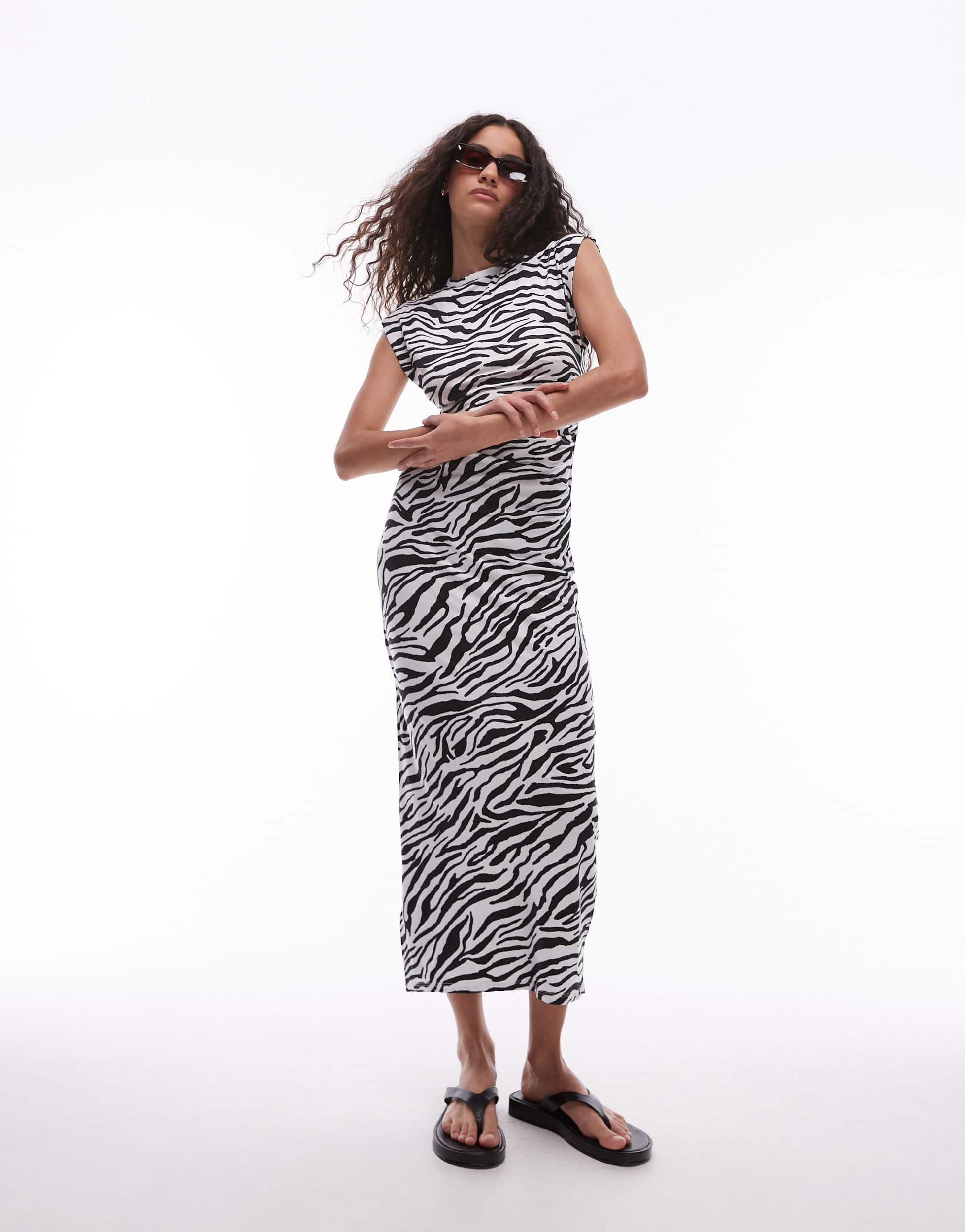 Mango Zebra Cap Sleeve Midi Dress in White | Lyst