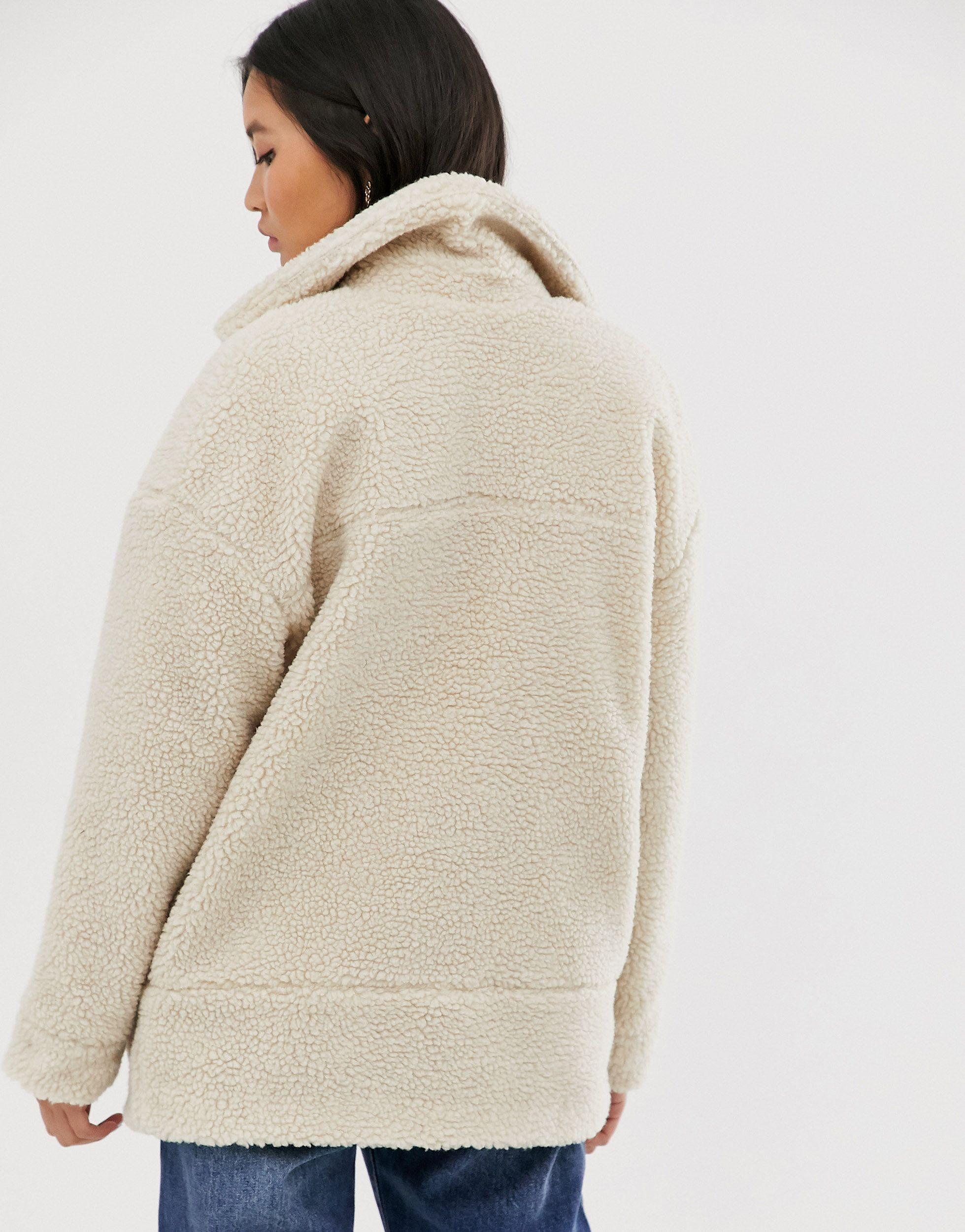 oversized zip up borg teddy trucker jacket beige