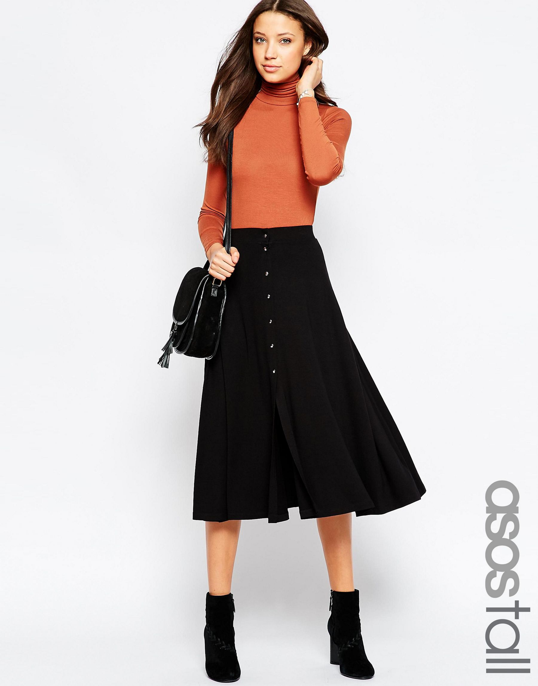 Asos Tall Button Through Midi Skirt in Black | Lyst