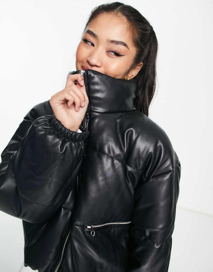 Pull&Bear Cropped Faux Leather Puffer Jacket in Black Lyst UK