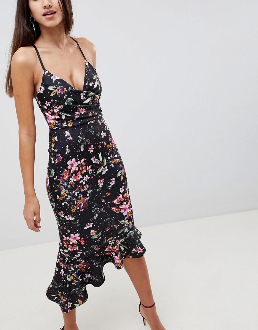 Robe mi-longue à fines bretelles en néoprène avec basques et petites fleurs  en Jean ASOS - Lyst