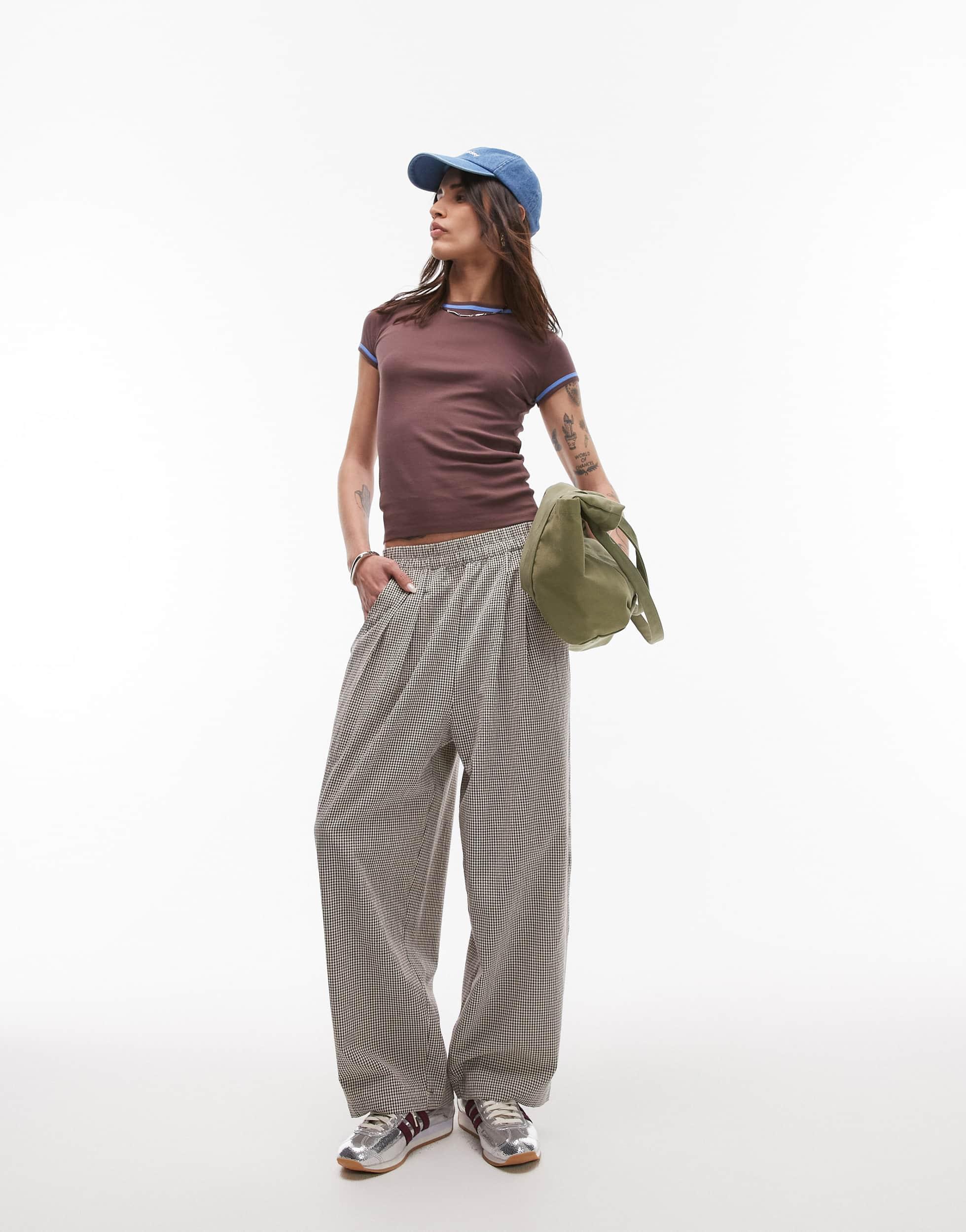 TOPSHOP High Waist Pull On Mini Plaid Tapered Pants | Lyst