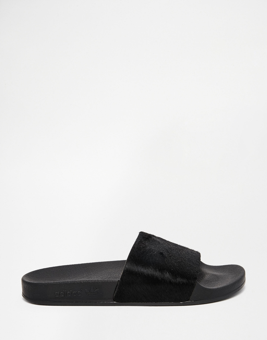 adidas Originals Adilette Pony Hair Slider Flat Sandals in Black | Lyst