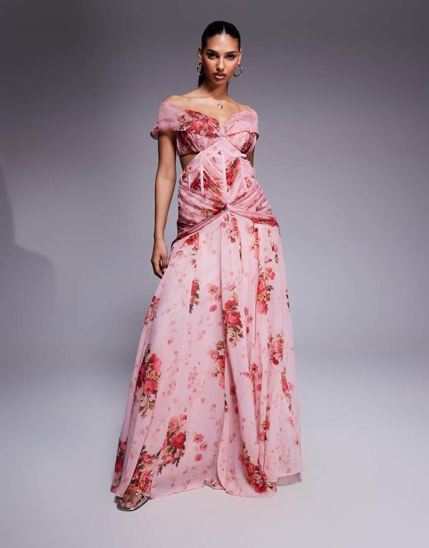 Vestido Largo Fruncido Con Estampado Floral De Organza Y Chifón De