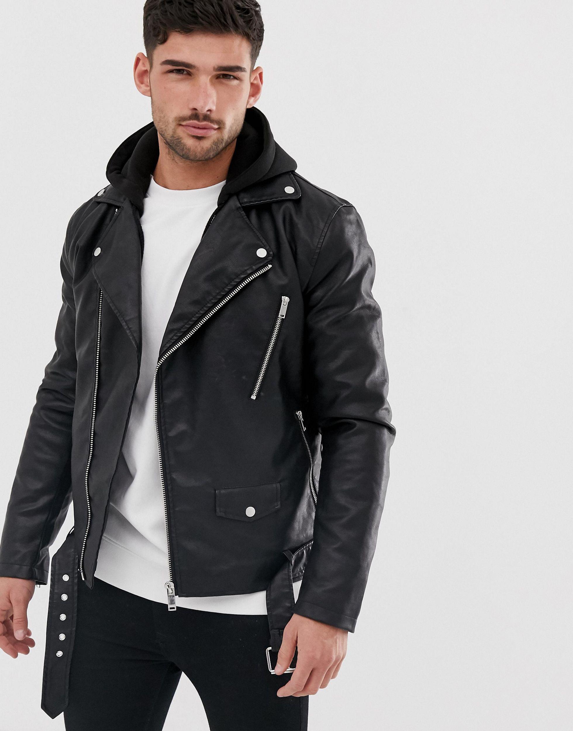 River Island Faux Leather Biker Jacket With Hood in Black for Men | Lyst