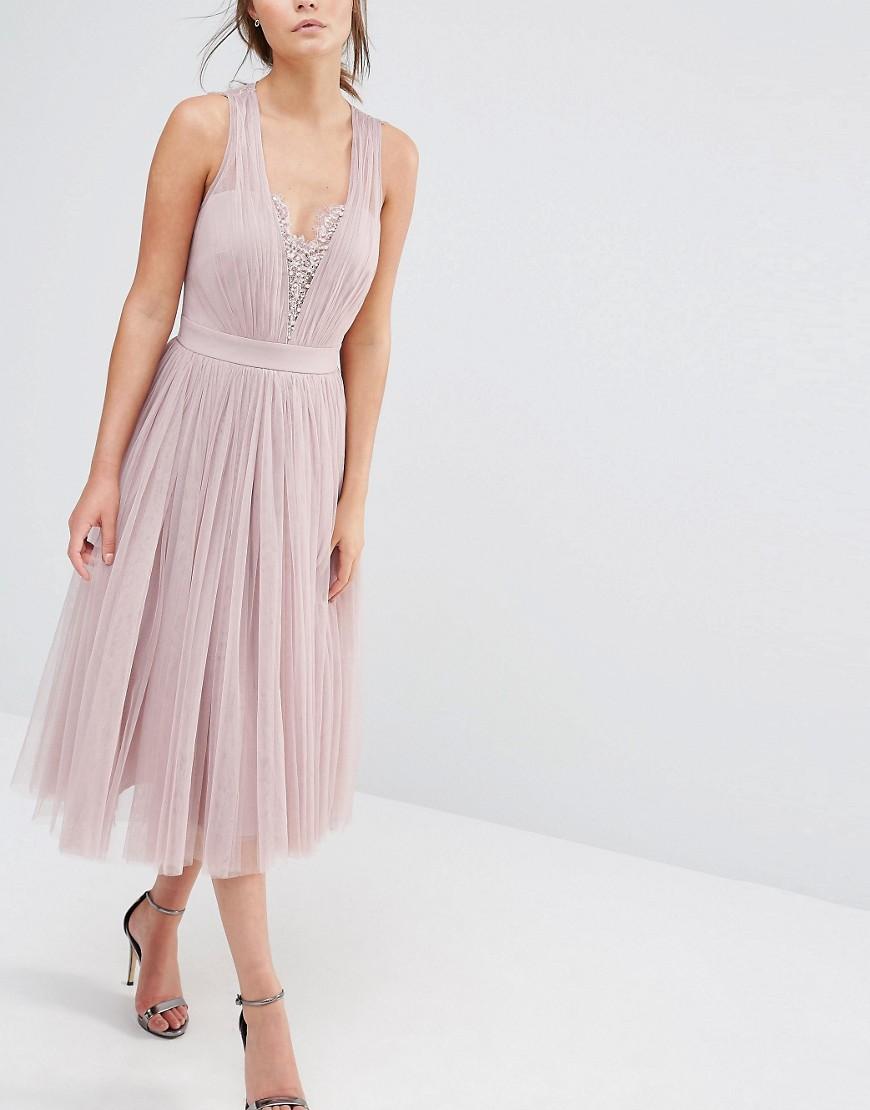 Little Mistress Embellished Midi Dress With Tulle Skirt in Pink | Lyst