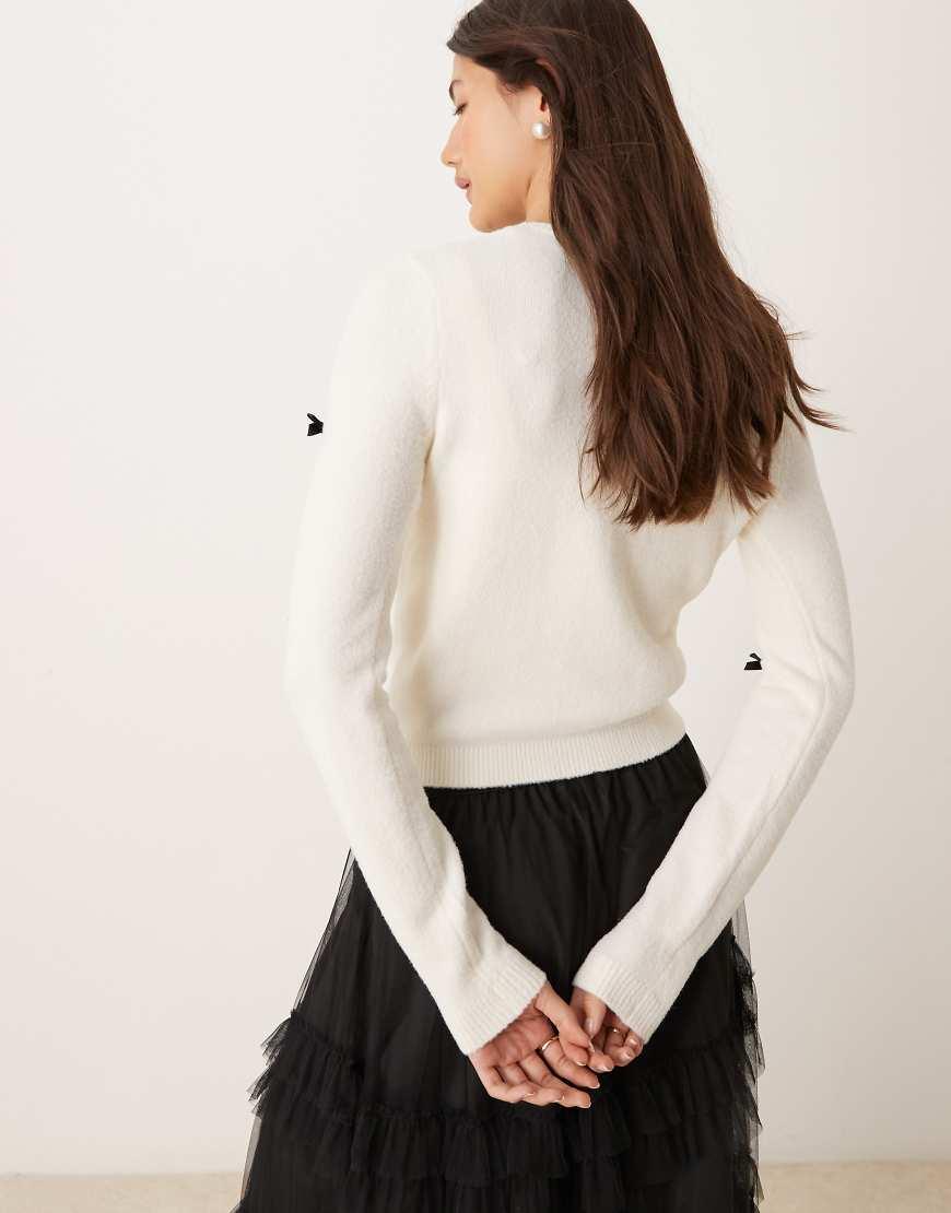 New Look Co-Ord Fluffy Bow Crew Neck Cardigan in Natural Lyst UK