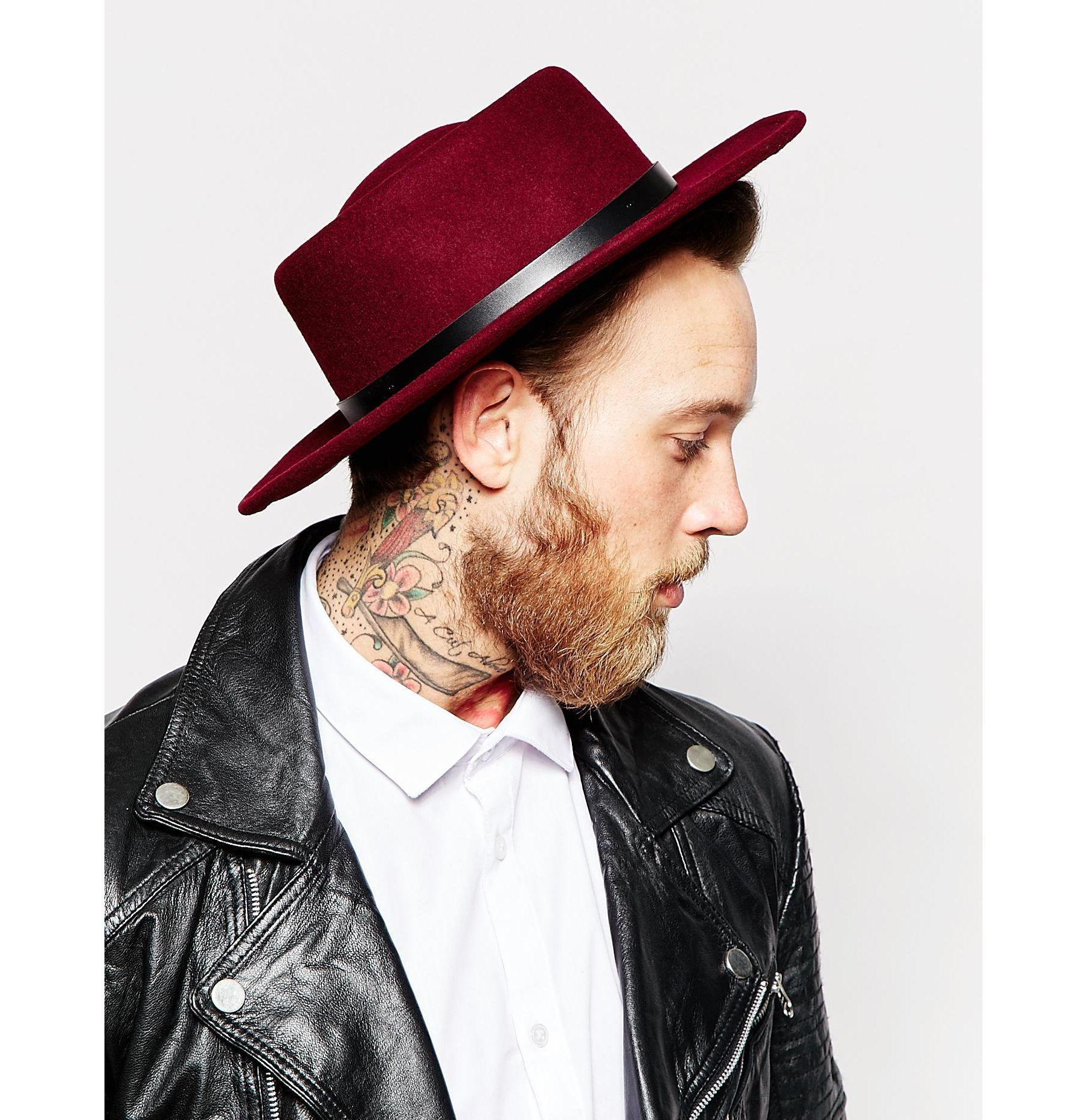ASOS Wool Pork Pie Hat In Burgundy With 