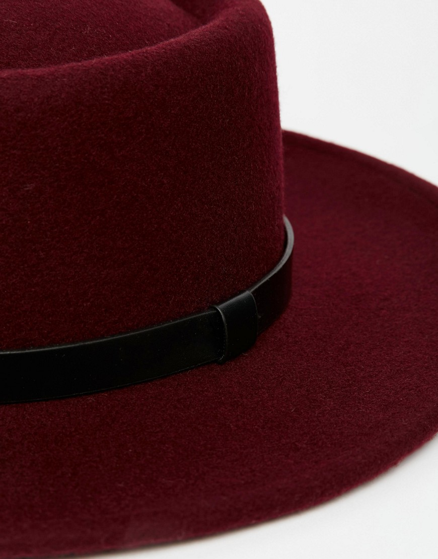ASOS Wool Pork Pie Hat In Burgundy With Wide Brim - Burgundy in Red for