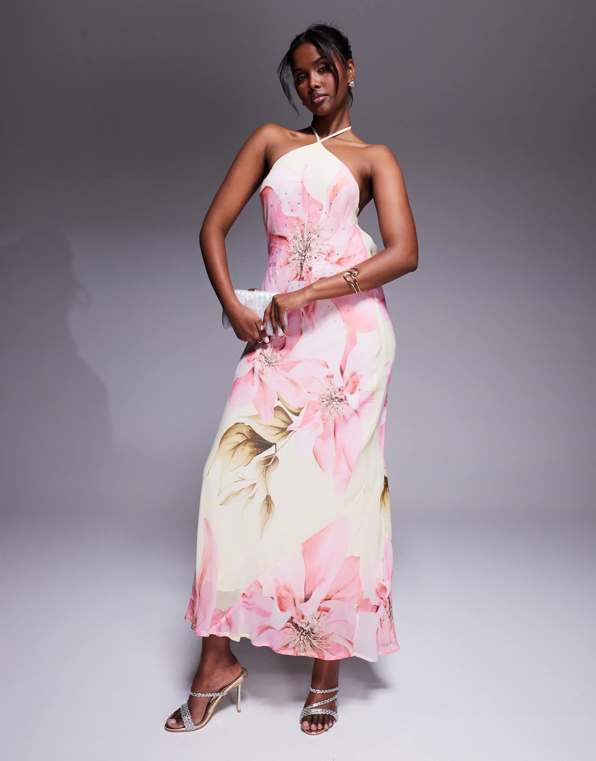 River Island Floral Halterneck Maxi Dress With Embellished Detail in Pink |  Lyst