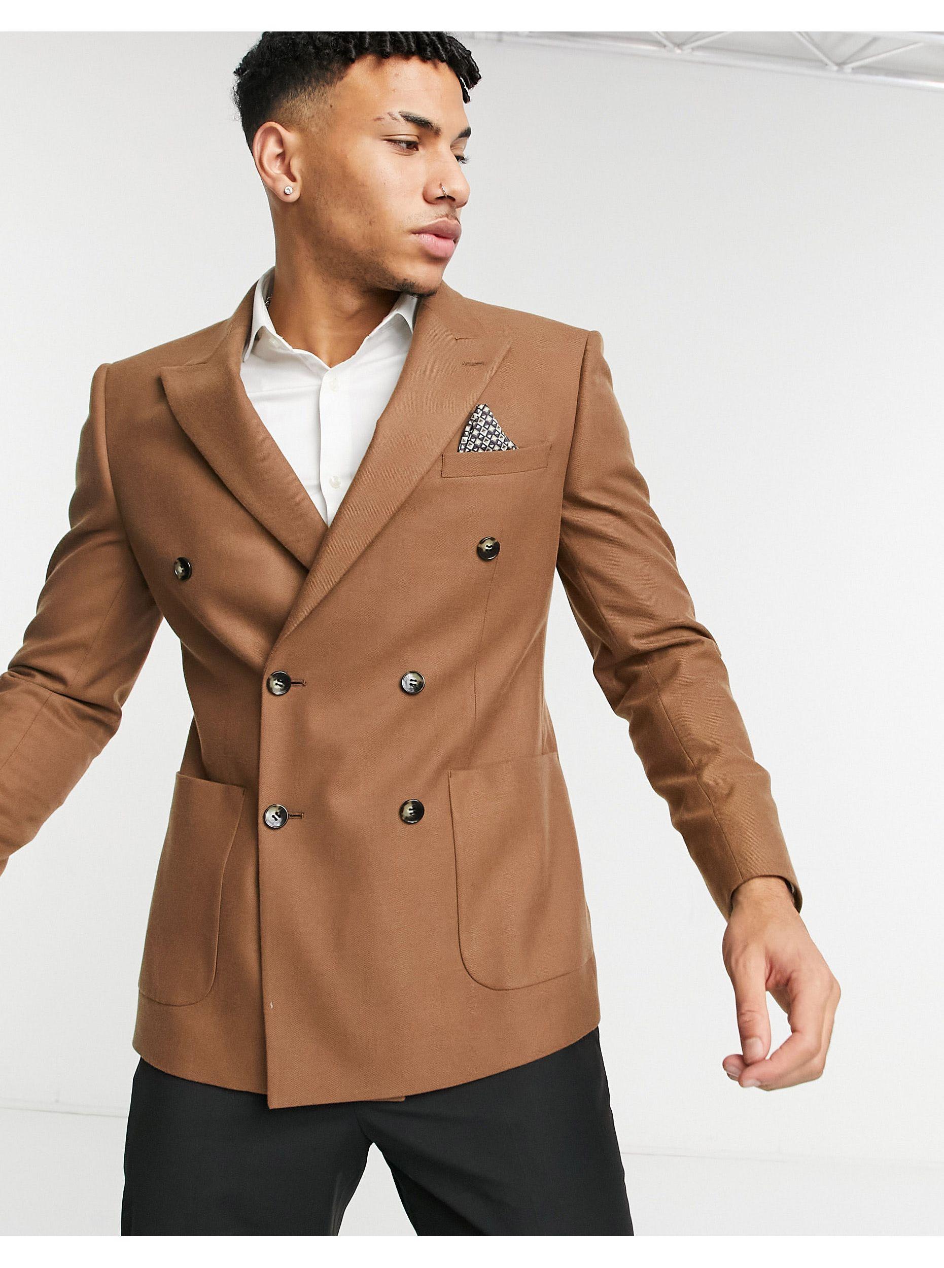 Moss Moss London Slim Fit Double Breasted Suit Jacket in Brown for Men |  Lyst