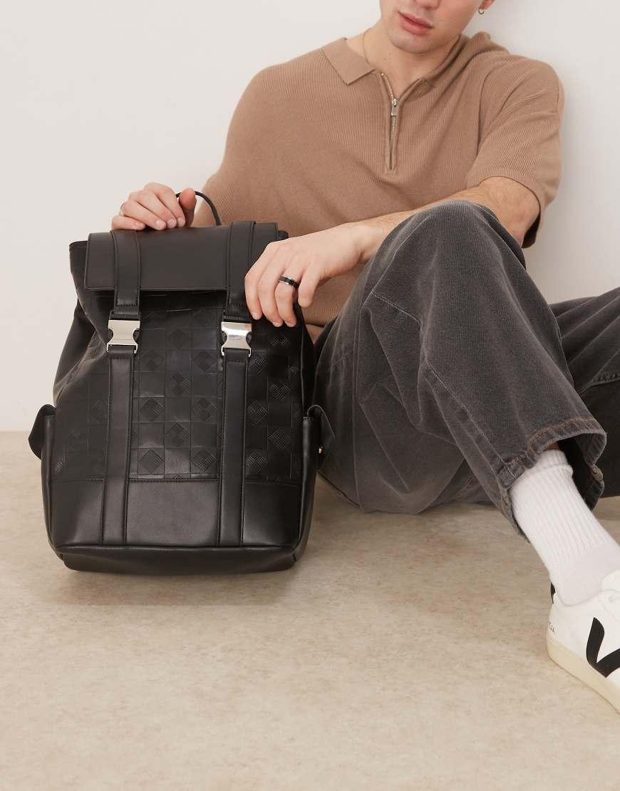 asos leather backpack mens ASOS Faux Leather Monogram Backpack in Grey for Men