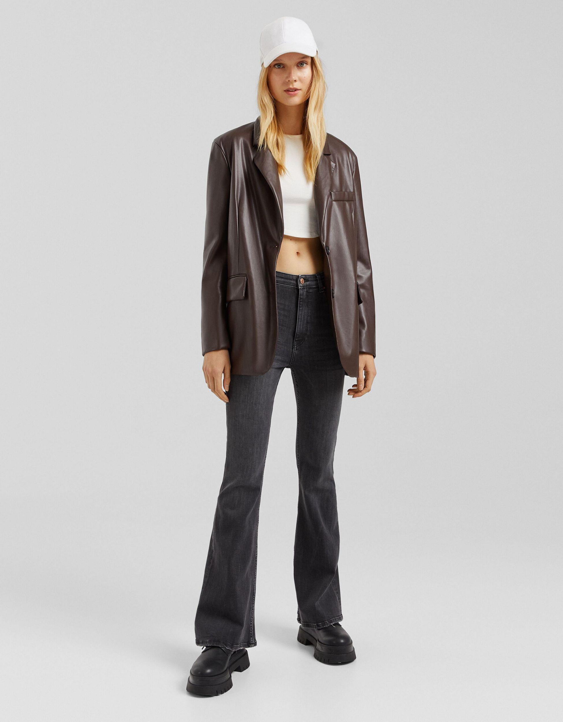 Bershka Oversized Faux Leather Blazer in Brown | Lyst